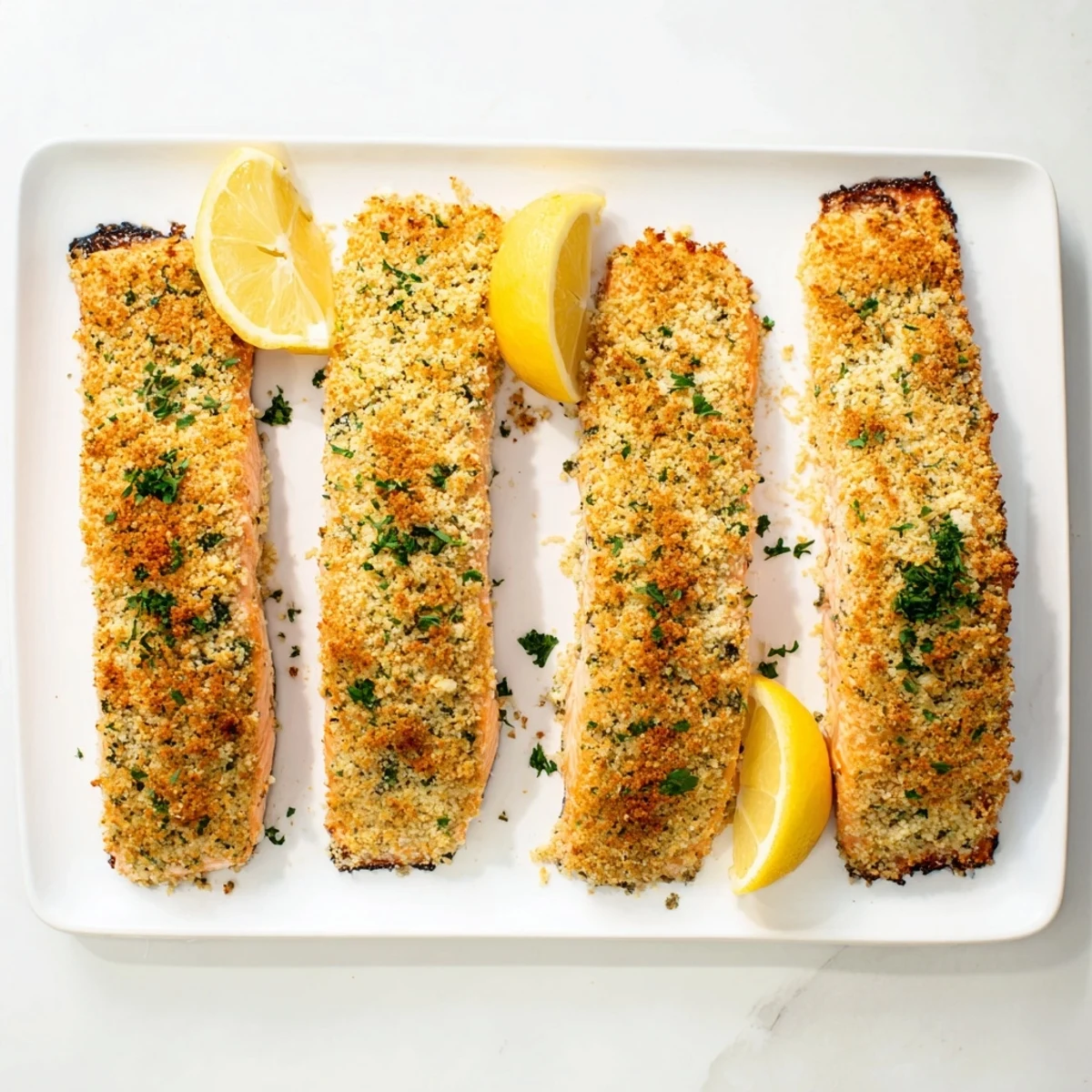 Imagine a savory Parmesan salmon bake with a golden crust, garnished with lemon wedges and parsley, ready for a delicious weeknight dinner.