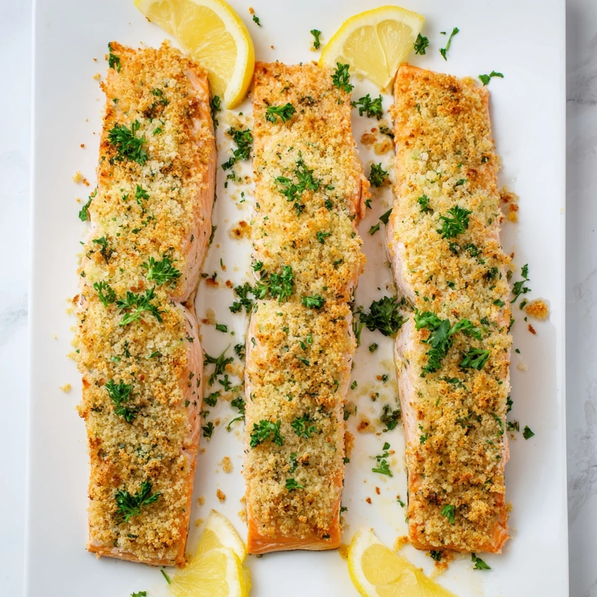 This golden-baked salmon recipe showcases a Parmesan and panko crust, baked until crisp, presented on a white plate with fresh parsley garnish.