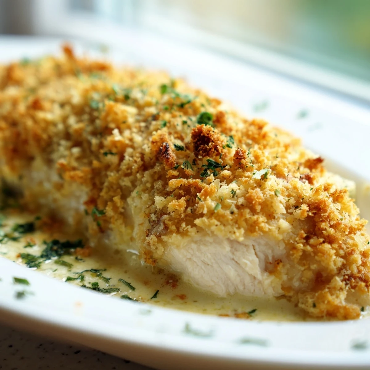 Golden, bubbly Parmesan topping covers tender Melt In Your Mouth Chicken breasts fresh from the oven.