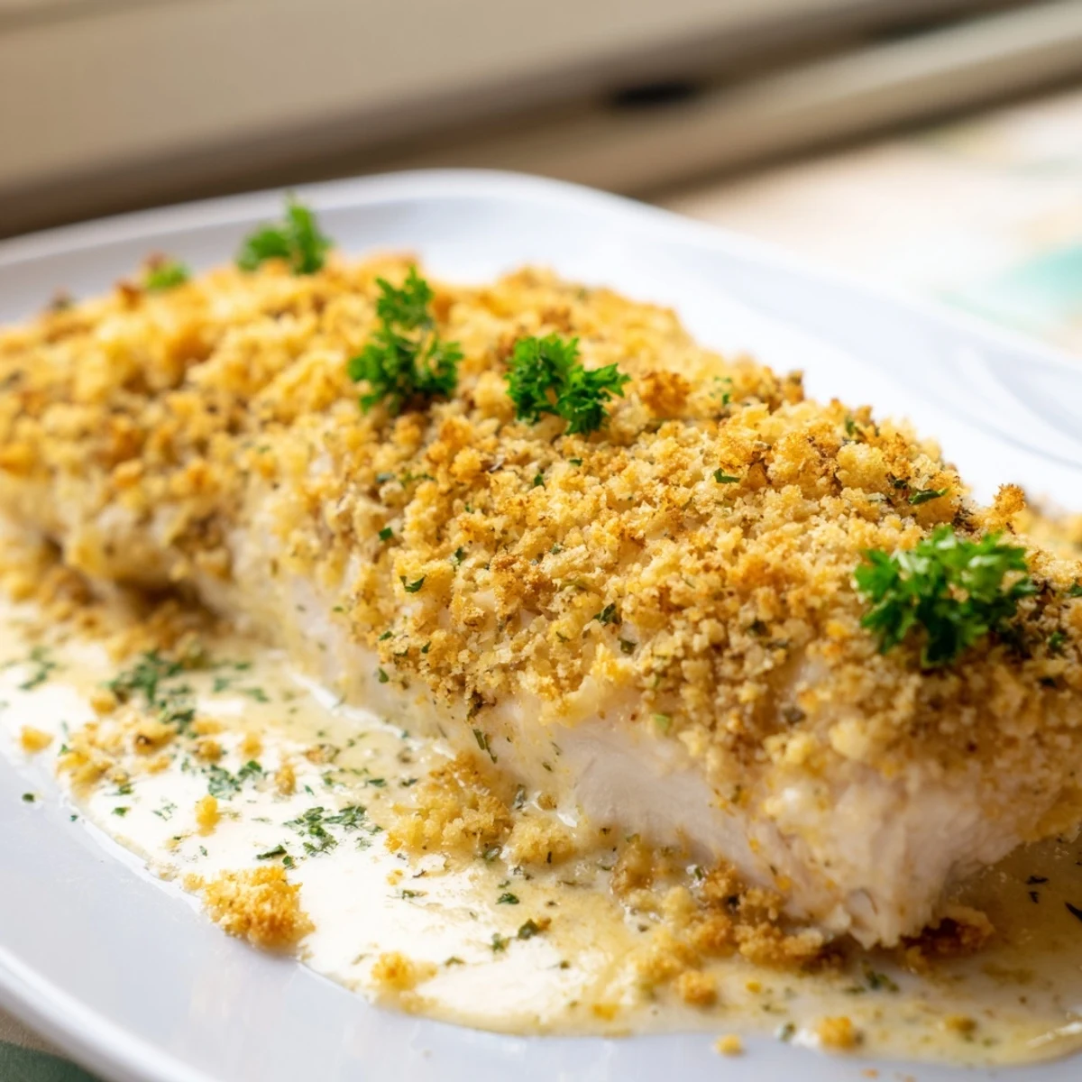 Juicy baked Melt In Your Mouth Chicken with golden crust on a rustic plate, garnished with parsley.