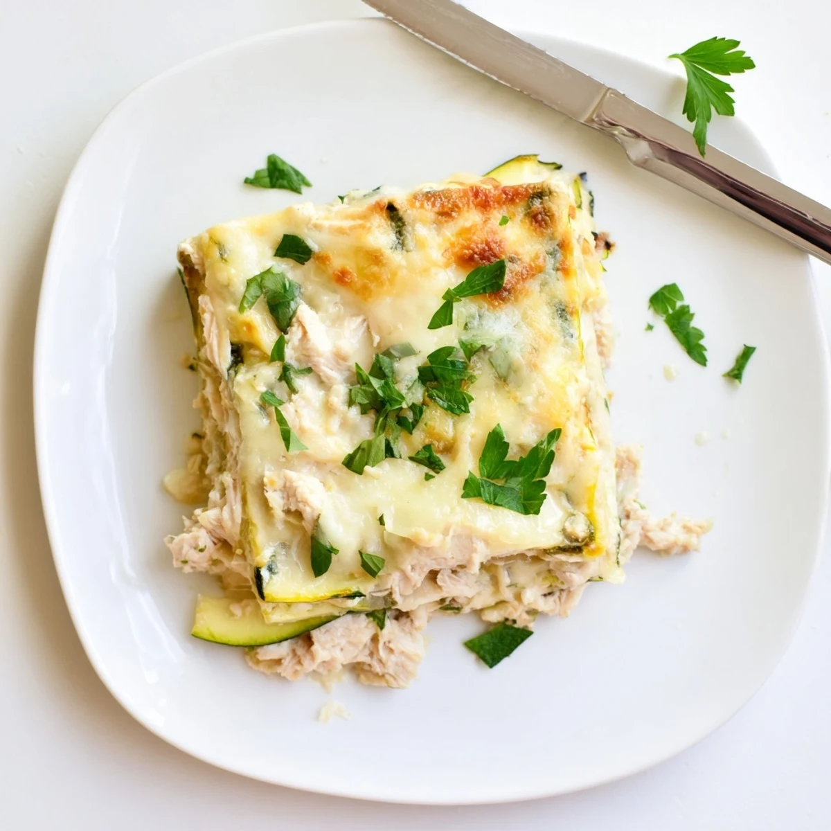 Golden bubbly slices of Chicken Alfredo Zucchini Lasagna reveal creamy layers of tender chicken and fresh zucchini noodles.