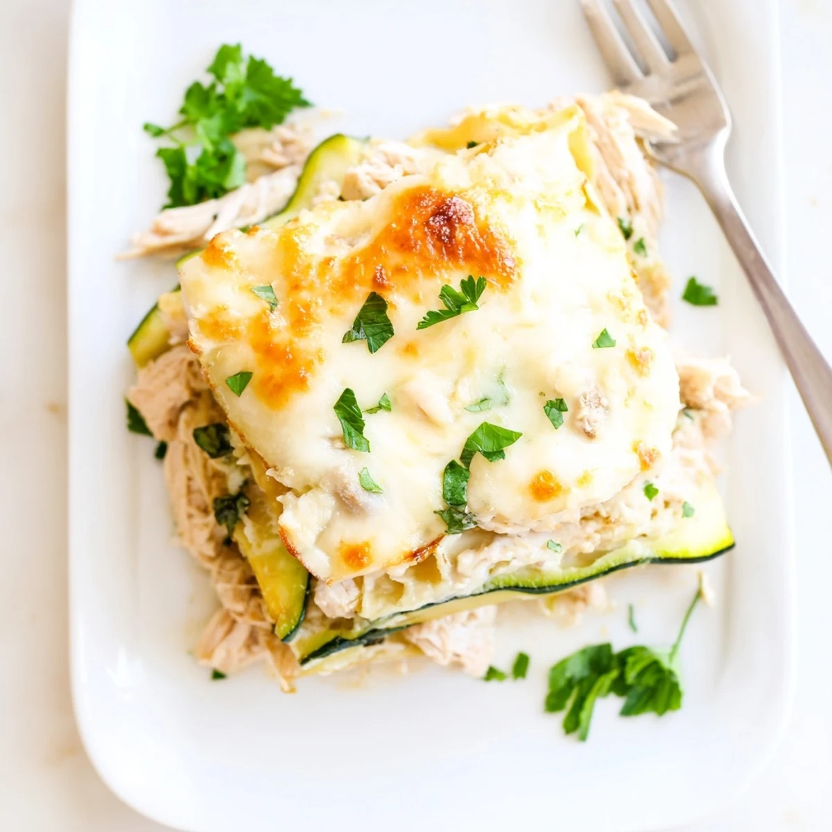 Vibrant image of a baked Chicken Alfredo Zucchini Lasagna with fresh parsley garnish, plated for a family Italian-American meal.