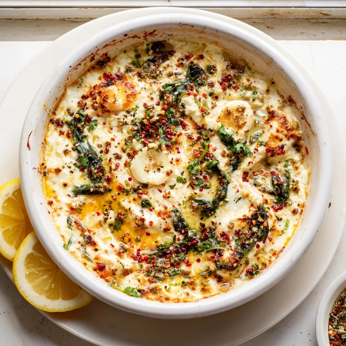 Creamy Spinach and Pepperoncini Baked Feta Dip bubbling and golden in a dish, served with warm pita bread and lemon wedges for a tangy appetizer.