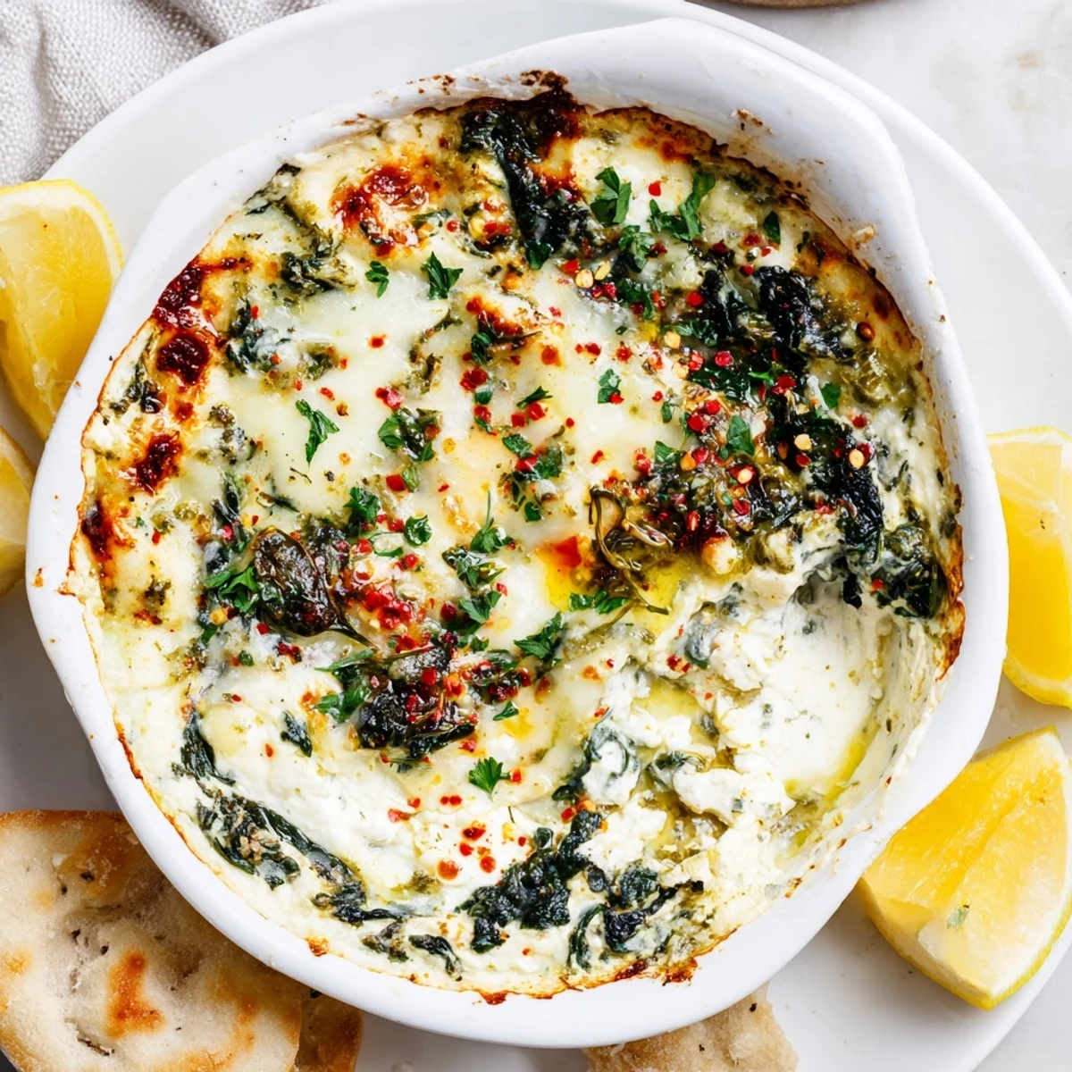 Freshly baked Spinach and Pepperoncini Baked Feta Dip in a ceramic dish, garnished with parsley and lemon, alongside toasted pita triangles for easy dipping.
