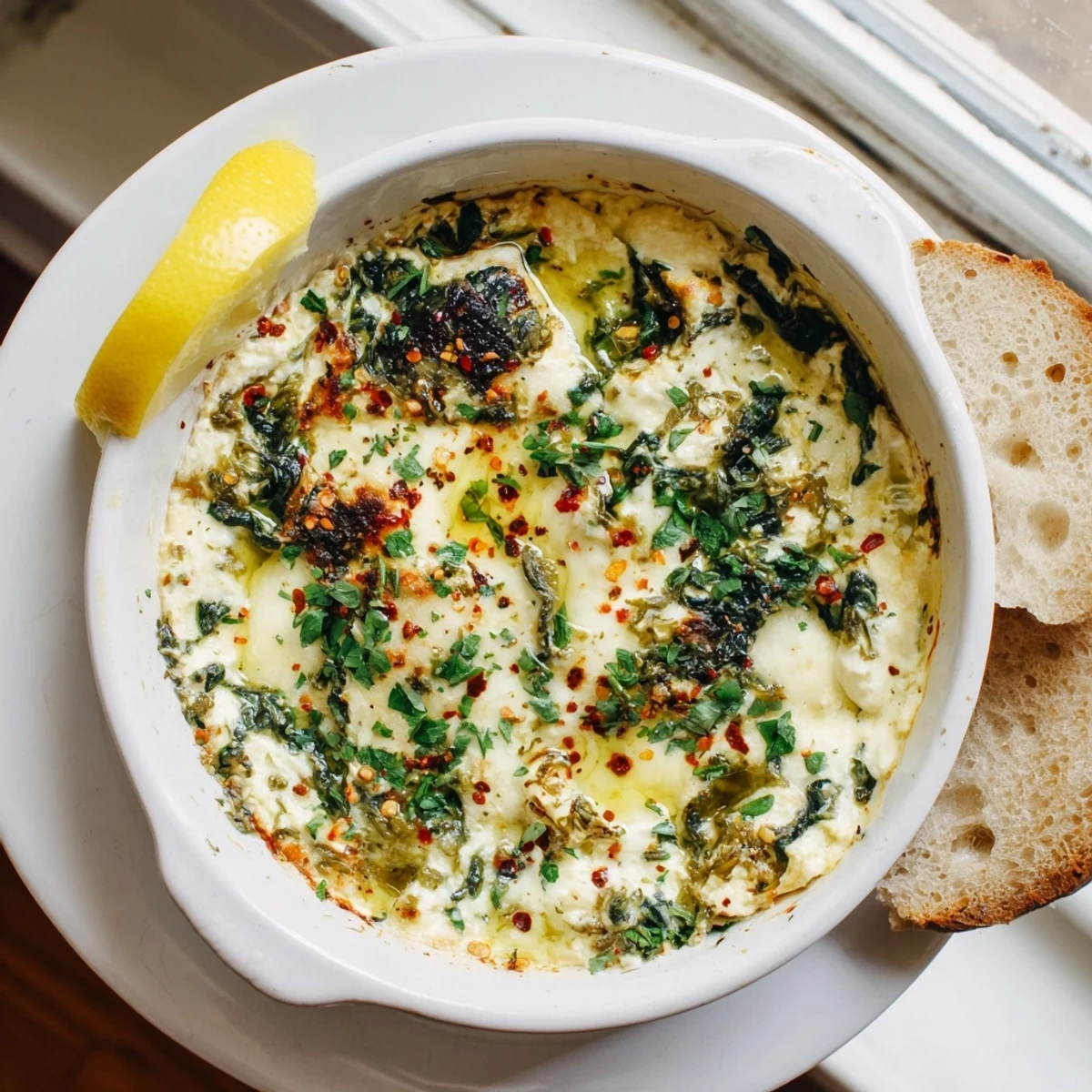 Vibrant green spinach and sliced pepperoncini top the bubbly Spinach and Pepperoncini Baked Feta Dip, ready to scoop with crisp vegetables or crackers at a party.