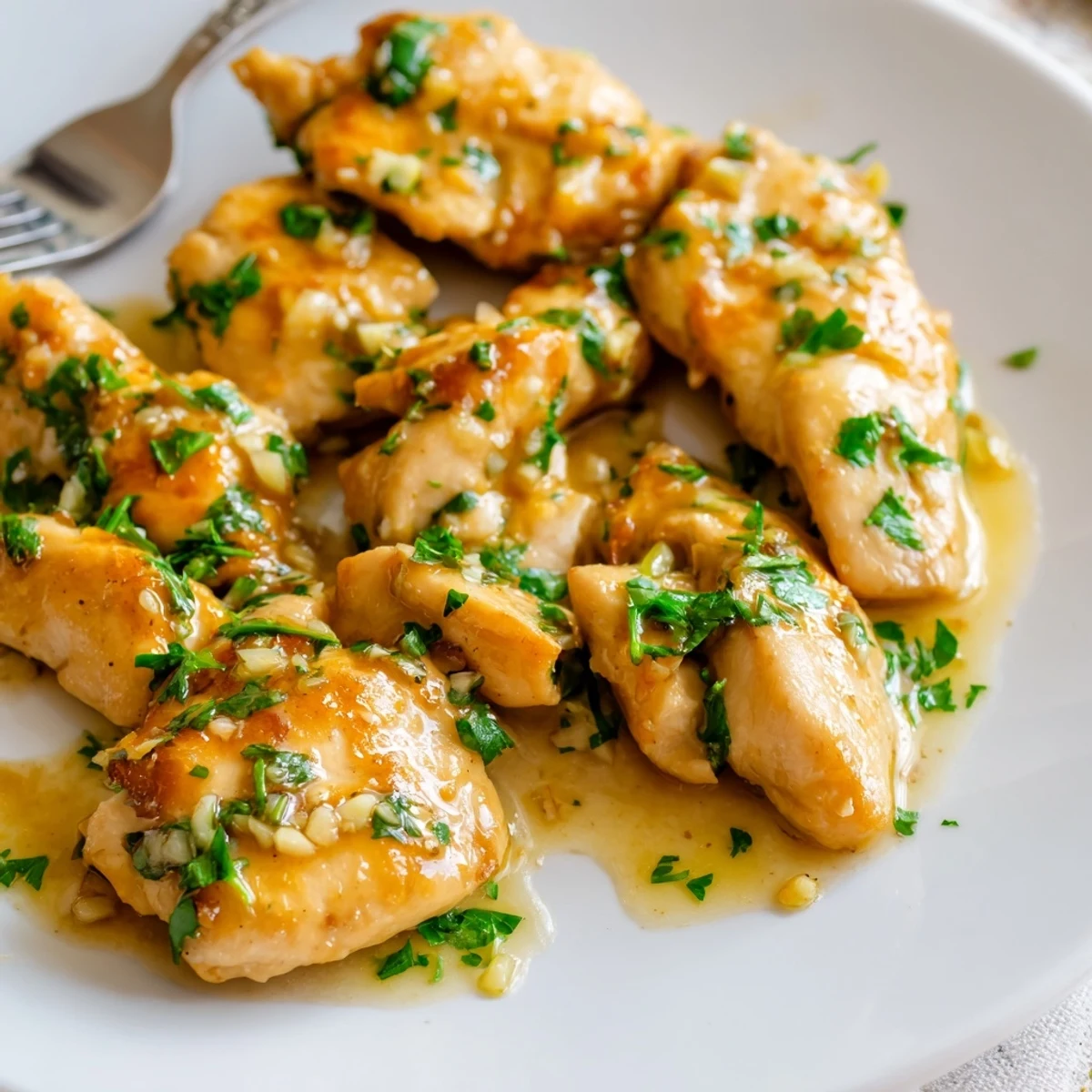 Golden seared Garlic Butter Chicken breasts swimming in a glossy garlic butter sauce and fresh parsley on a white plate.