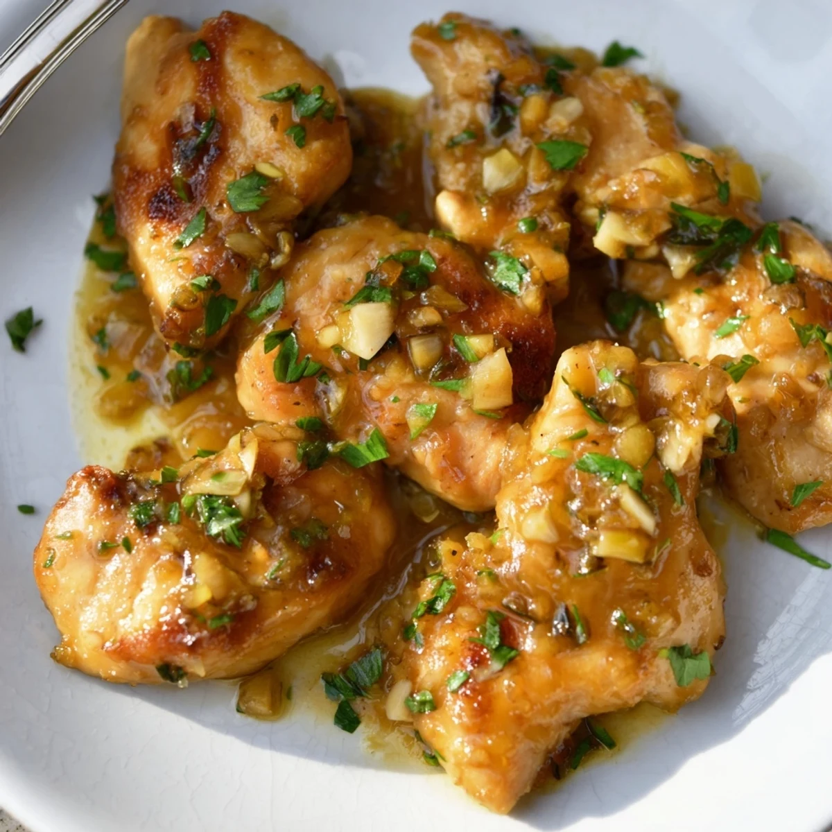 Plate of tender Garlic Butter Chicken garnished with lemon wedges and herbs, served alongside steamed broccoli for dinner.