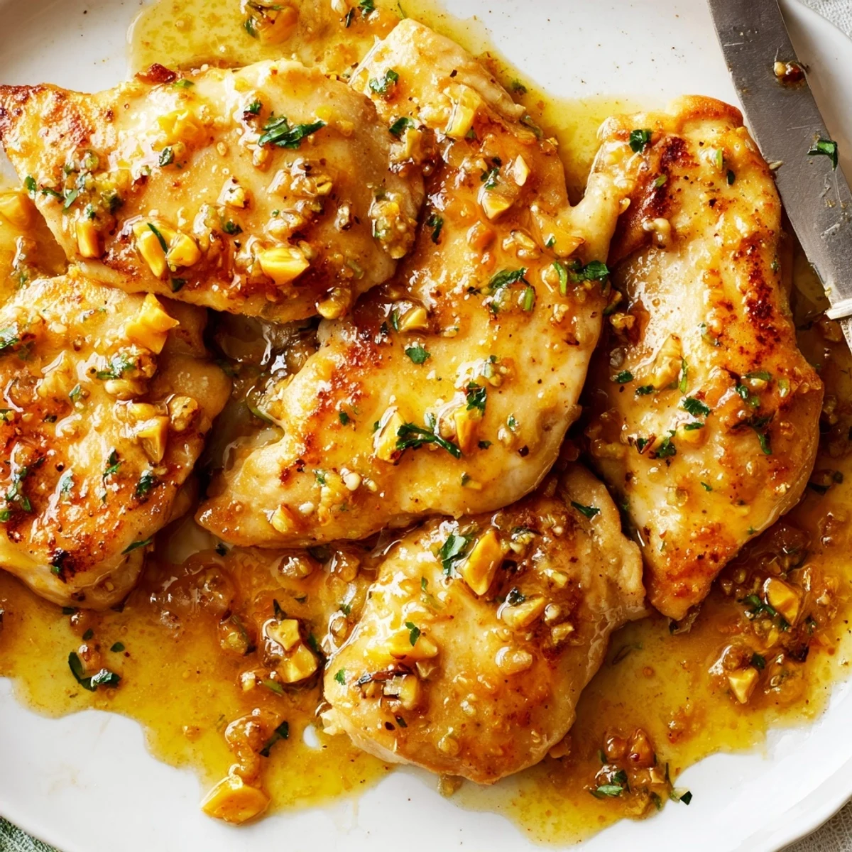 A skillet of Garlic Butter Chicken features juicy chicken breasts coated in a rich, savory garlic butter sauce.