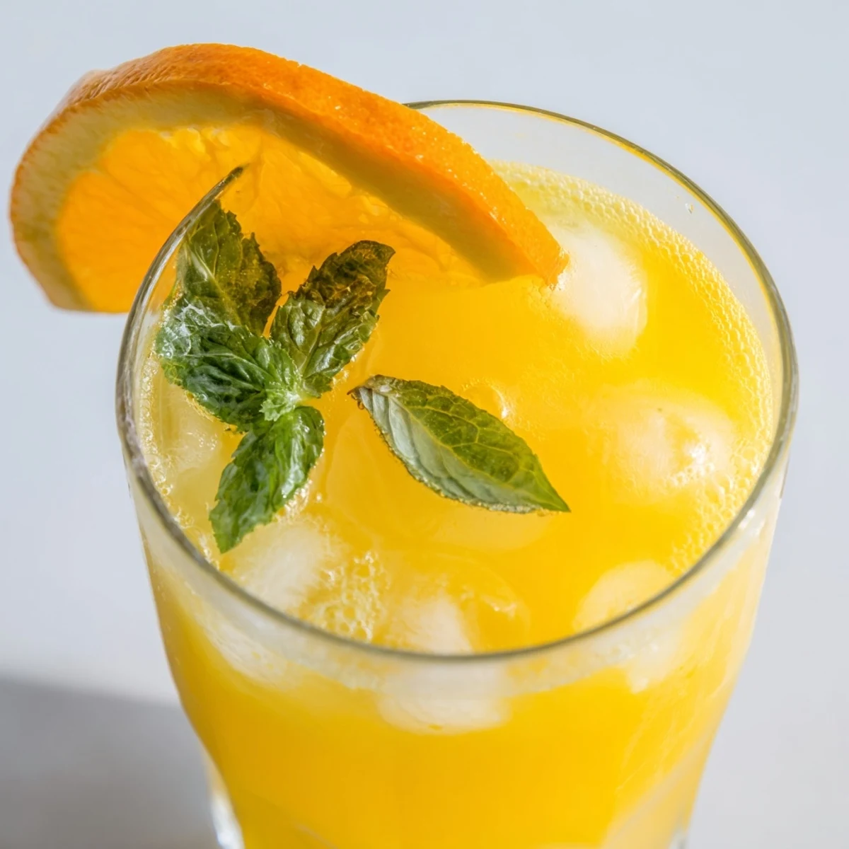 A tall glass of the Refreshing Coconut Orange Glow filled with ice, topped with a fresh orange slice and mint leaves.