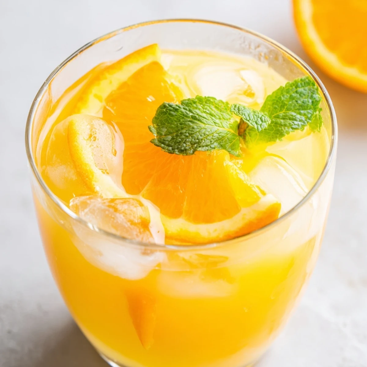 A pitcher of Refreshing Coconut Orange Glow beside two glasses, showing the vibrant orange hue and chilled, bubbly texture.
