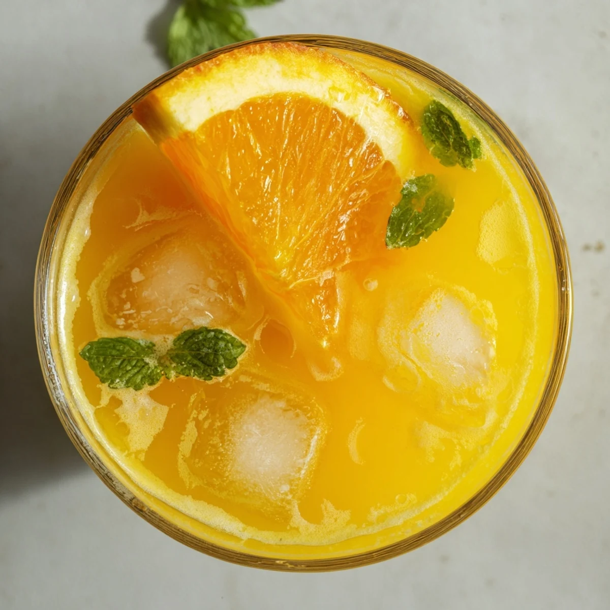 Close-up of the Refreshing Coconut Orange Glow, highlighting the condensation on the glass and a garnish of fresh mint.
