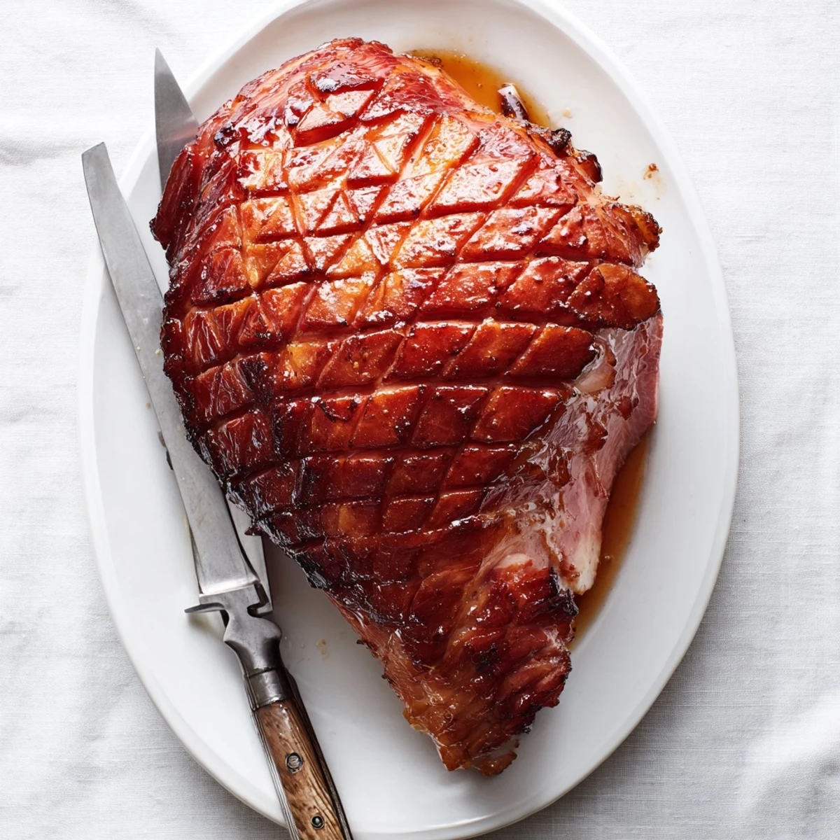 A close-up view of Baked Ham with Maple Dijon Glaze showing the golden-brown crust and tender, juicy meat interior, perfect for a holiday meal.