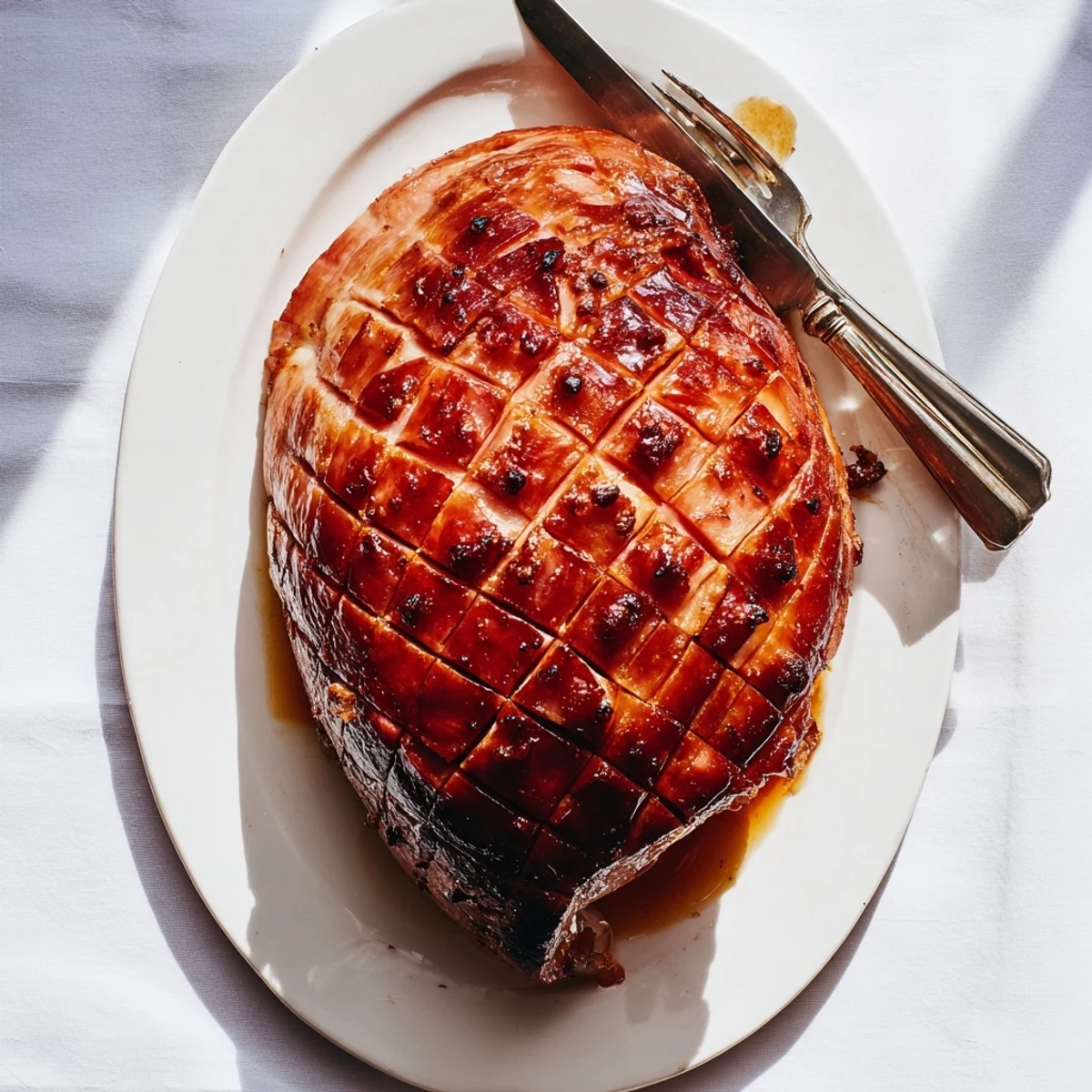 Freshly baked Baked Ham with Maple Dijon Glaze glistening with a sticky, caramelized coating, sliced and ready to serve on a festive platter.
