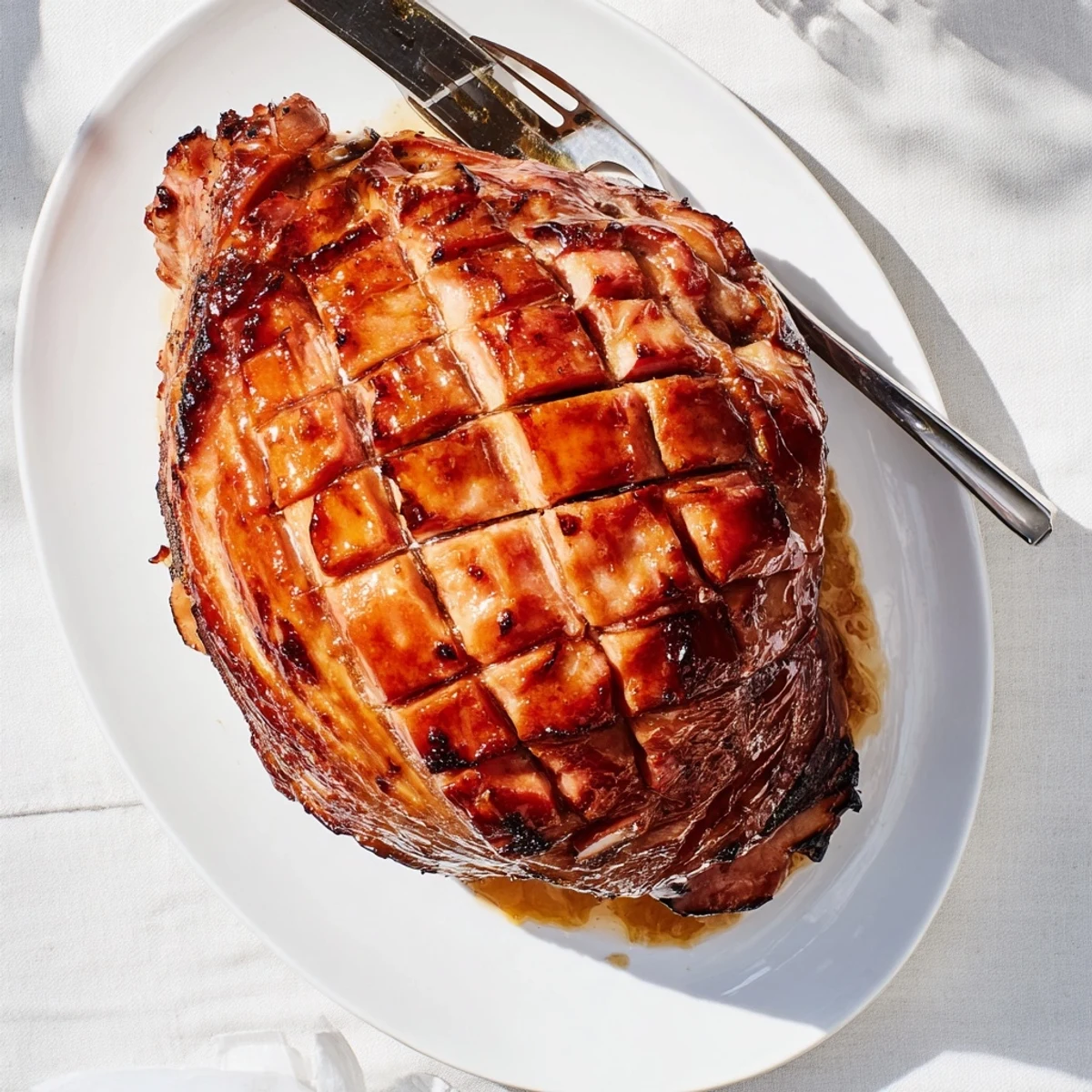 A rustic serving of Baked Ham with Maple Dijon Glaze on a wooden table, garnished with herbs and accompanied by roasted side dishes.