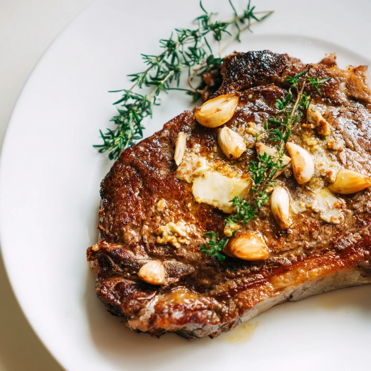 Two perfectly seared ribeye steaks sizzling in a cast-iron skillet with melted butter, garlic, and fresh herbs.