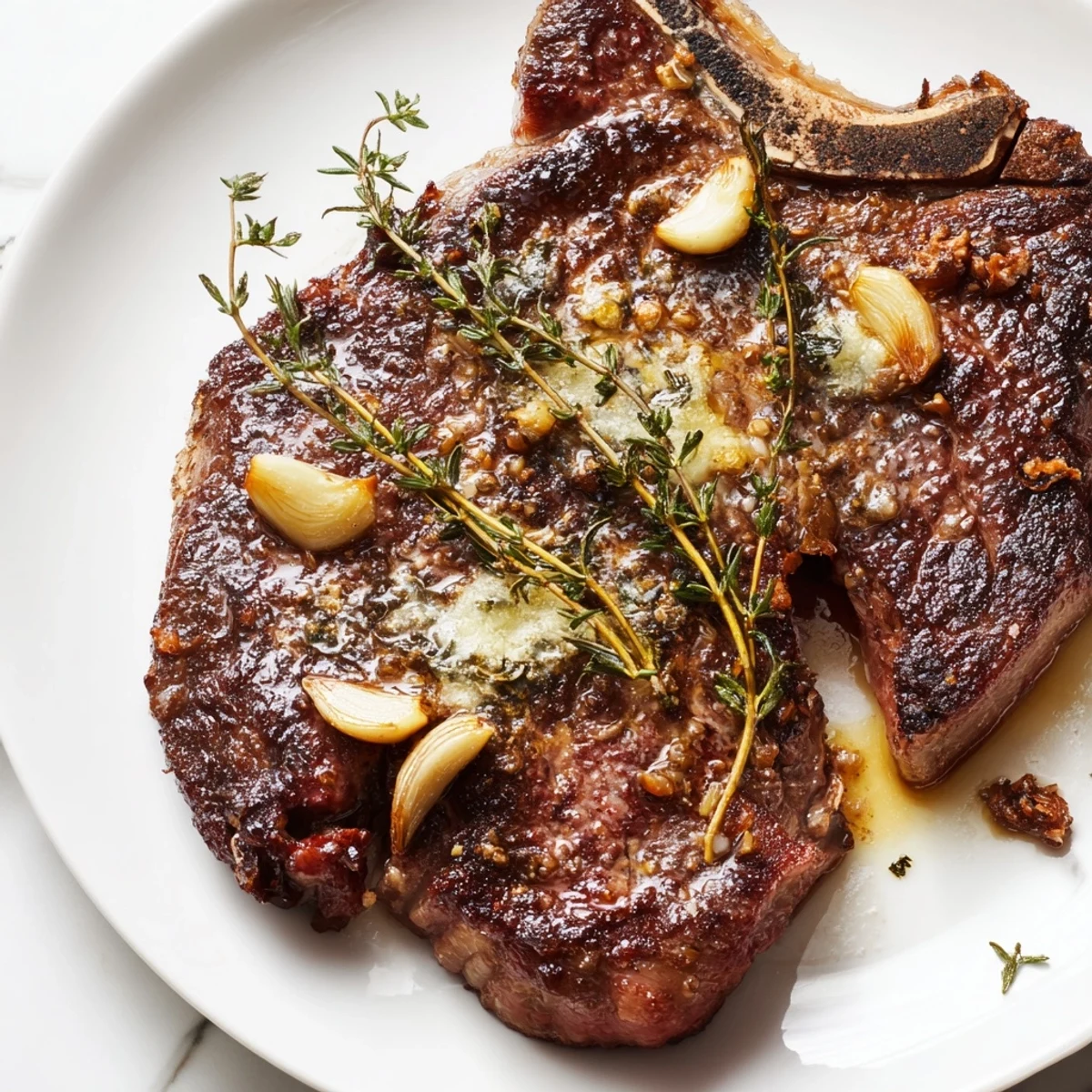 Sliced Pan Seared Ribeye Steak revealing a juicy, pink interior, garnished with fresh thyme and rosemary sprigs.