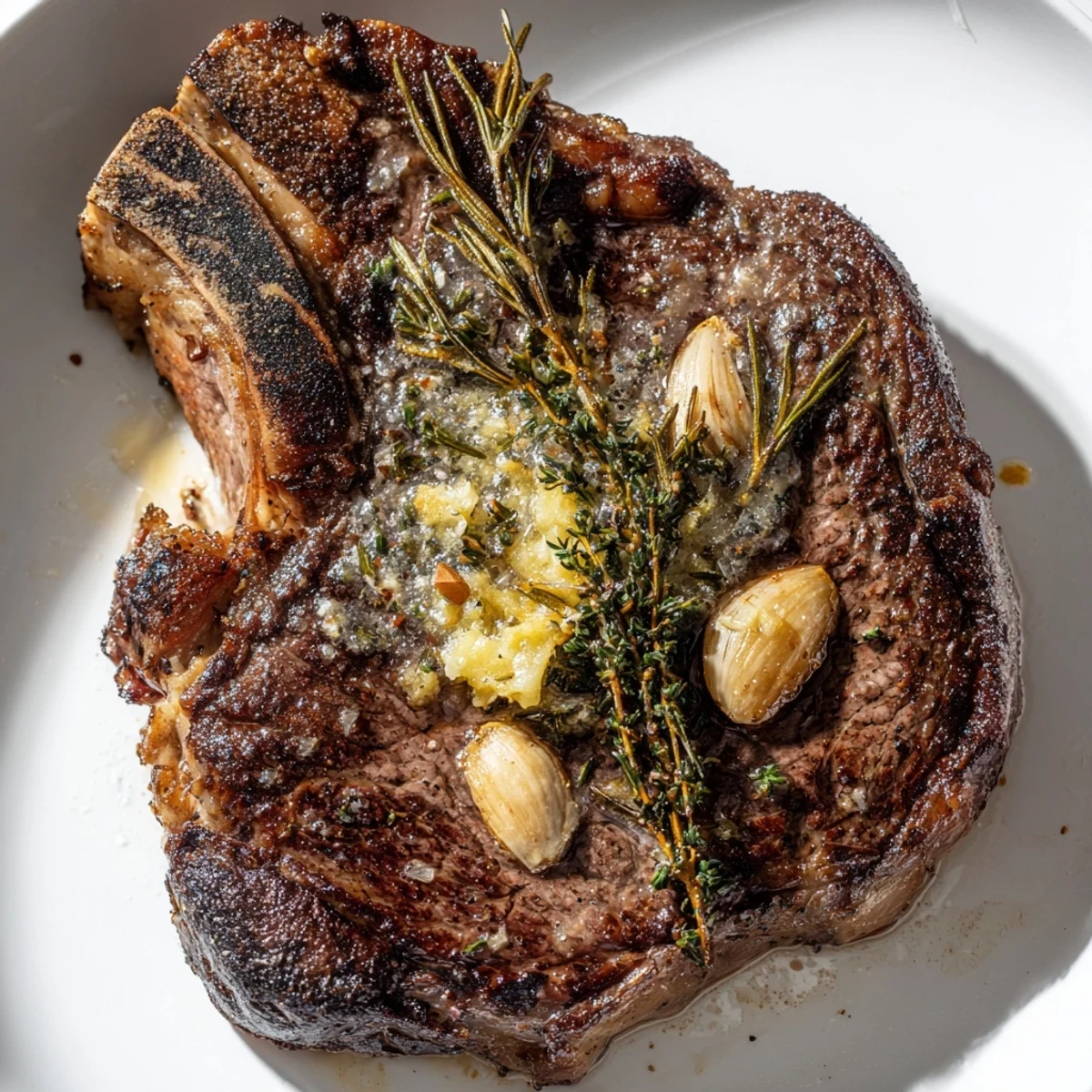 A beautifully caramelized ribeye steak resting on a wooden cutting board next to a side of roasted potatoes.