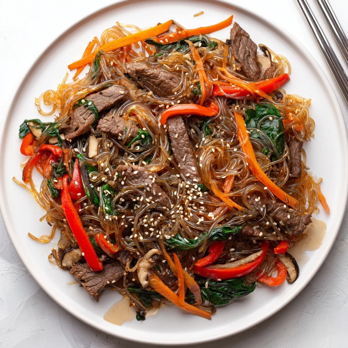 Steaming Korean Beef Noodles feature tender beef slices, glossy dangmyeon noodles, and colorful veggies in a glossy sauce.