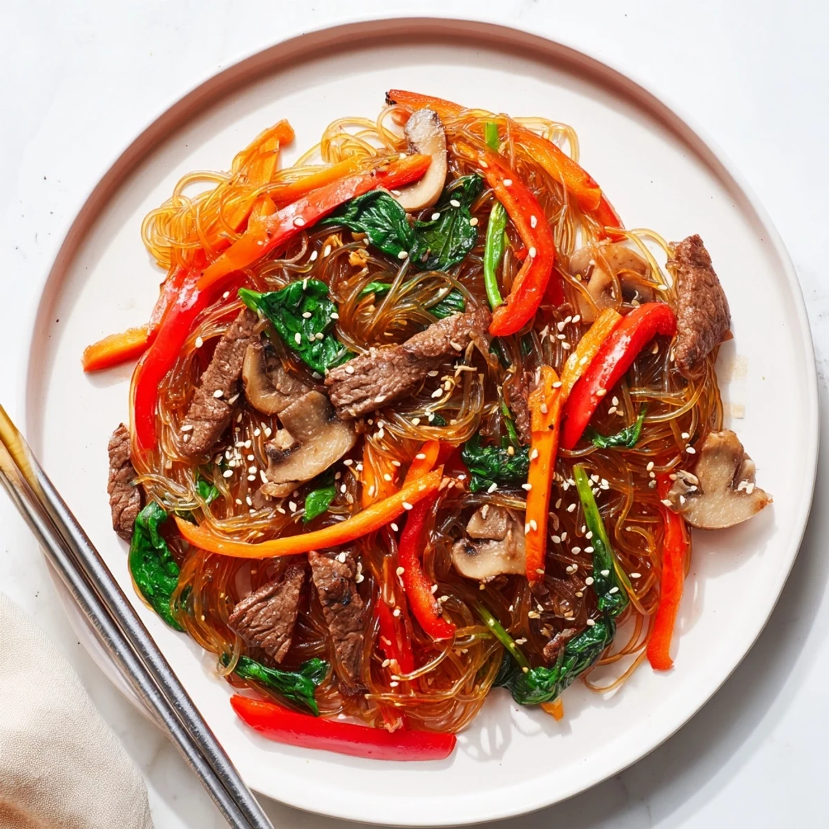 A serving of Korean Beef Noodles in a white bowl with chopsticks and sesame seeds, ready for a weeknight dinner.