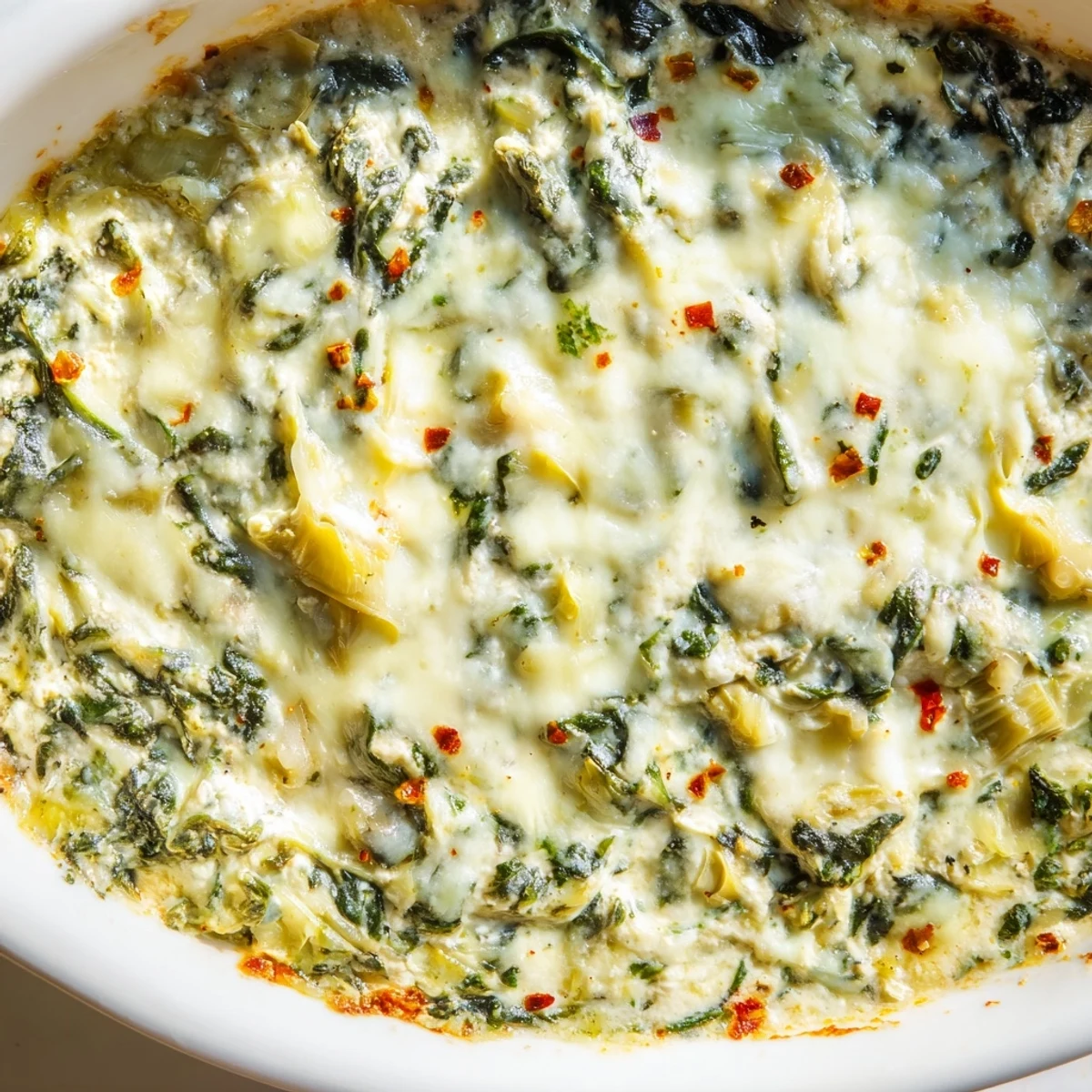 Warm, bubbly Spinach Artichoke Dip Ultimate Recipe in a golden-brown baking dish, served with tortilla chips for dipping.