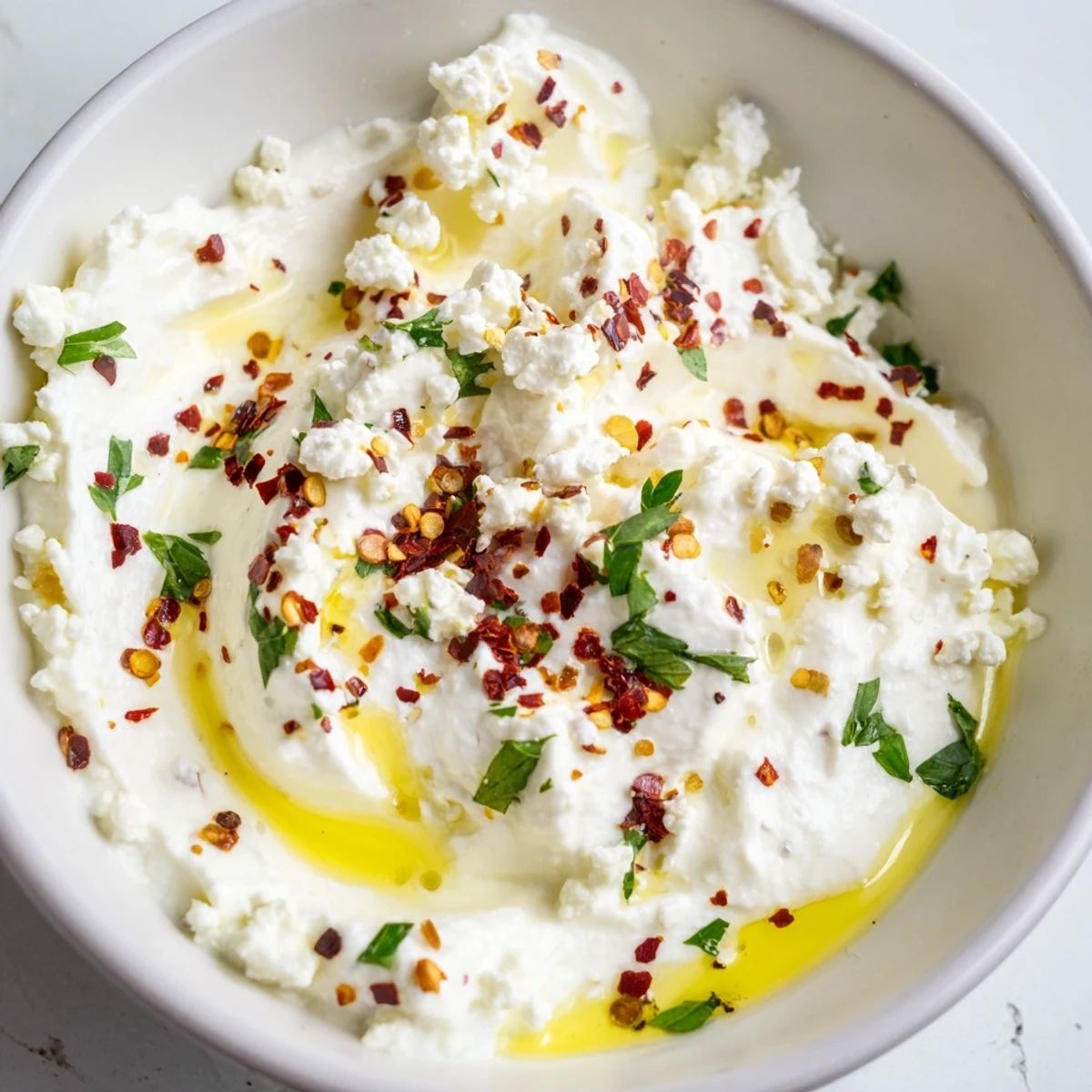 Tyrokafteri dip with creamy feta, peppers, and herbs, ready to scoop with pita bread.