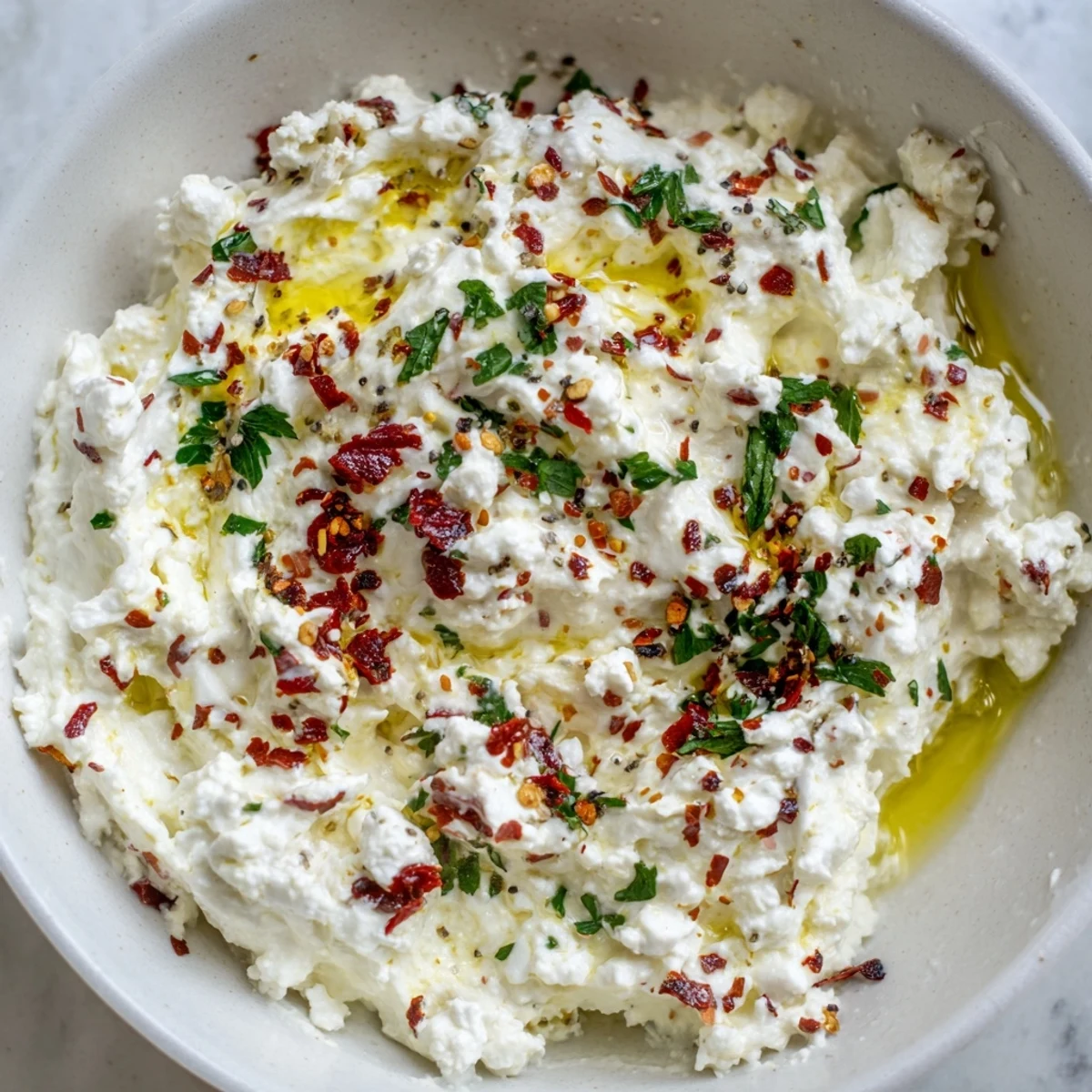 Bright red peppers garnish this savory Tyrokafteri, a gluten-free appetizer for a Greek mezze platter.