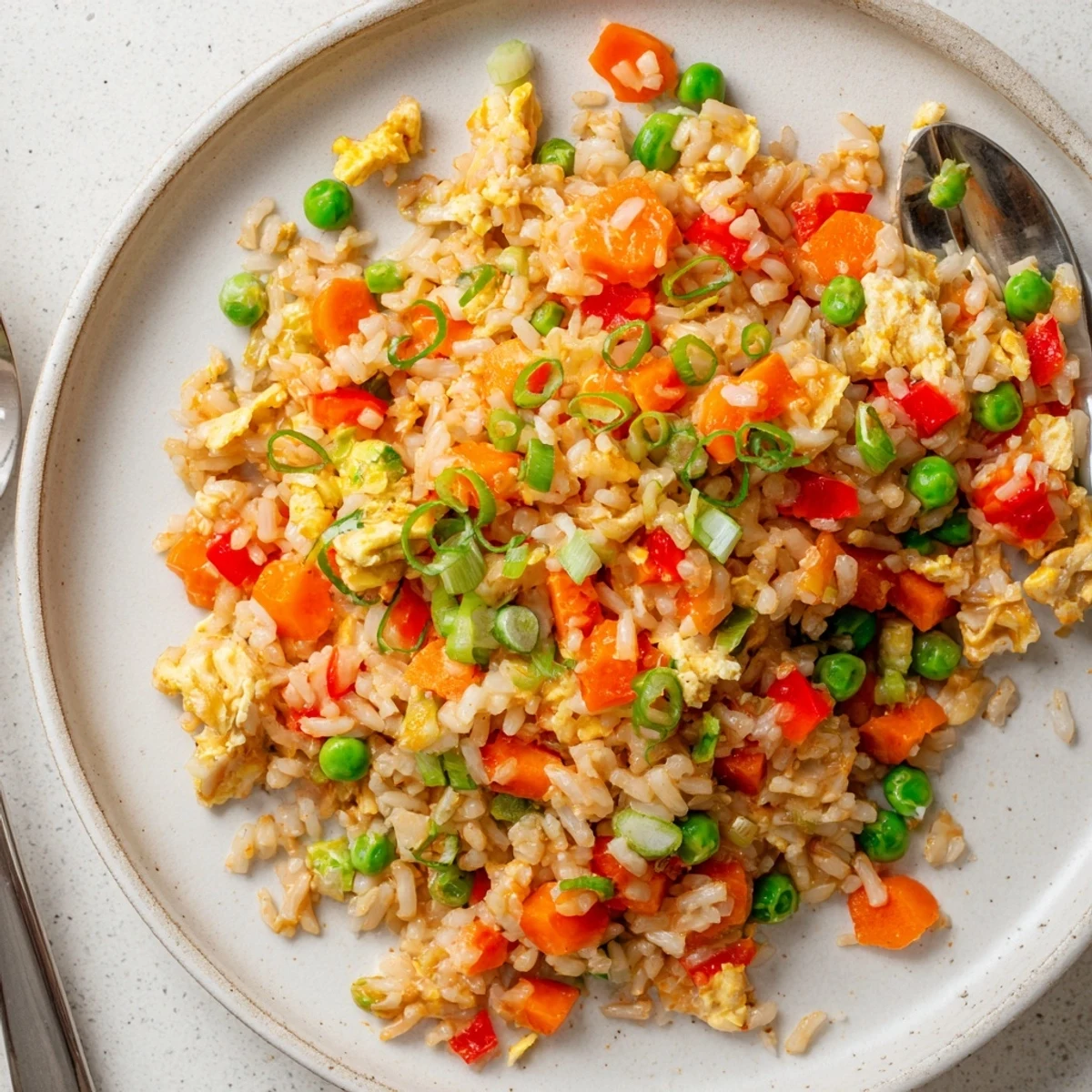Bang Bang Fried Rice served in a skillet with fluffy grains and fresh green onion garnish.