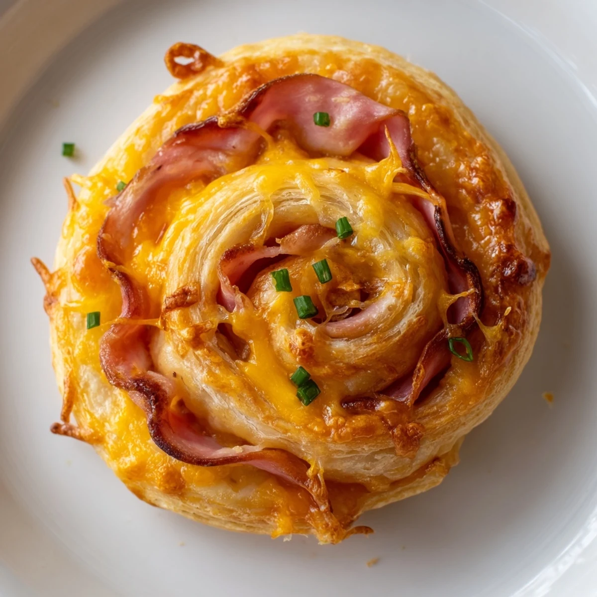 A close-up of golden Ham and Cheese Pinwheels on a serving plate, ready for a party appetizer spread.  