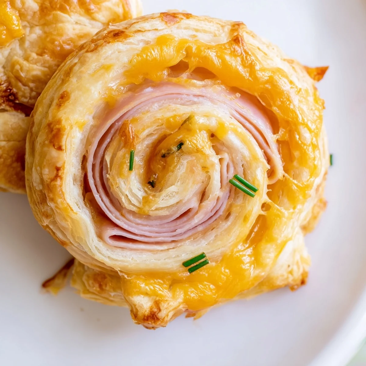 Freshly baked Ham and Cheese Pinwheels with a flaky crust, served warm beside a small bowl of dipping mustard.