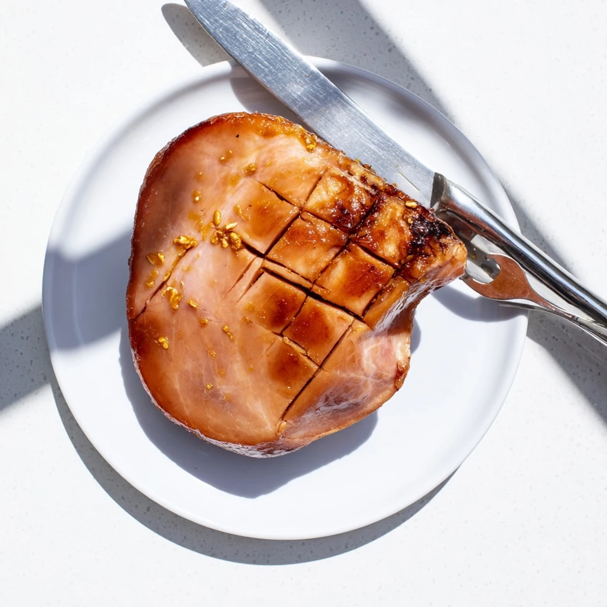 Freshly glazed and sliced, the Brown Sugar Mustard Glazed Ham reveals its juicy interior on a festive platter next to green beans.