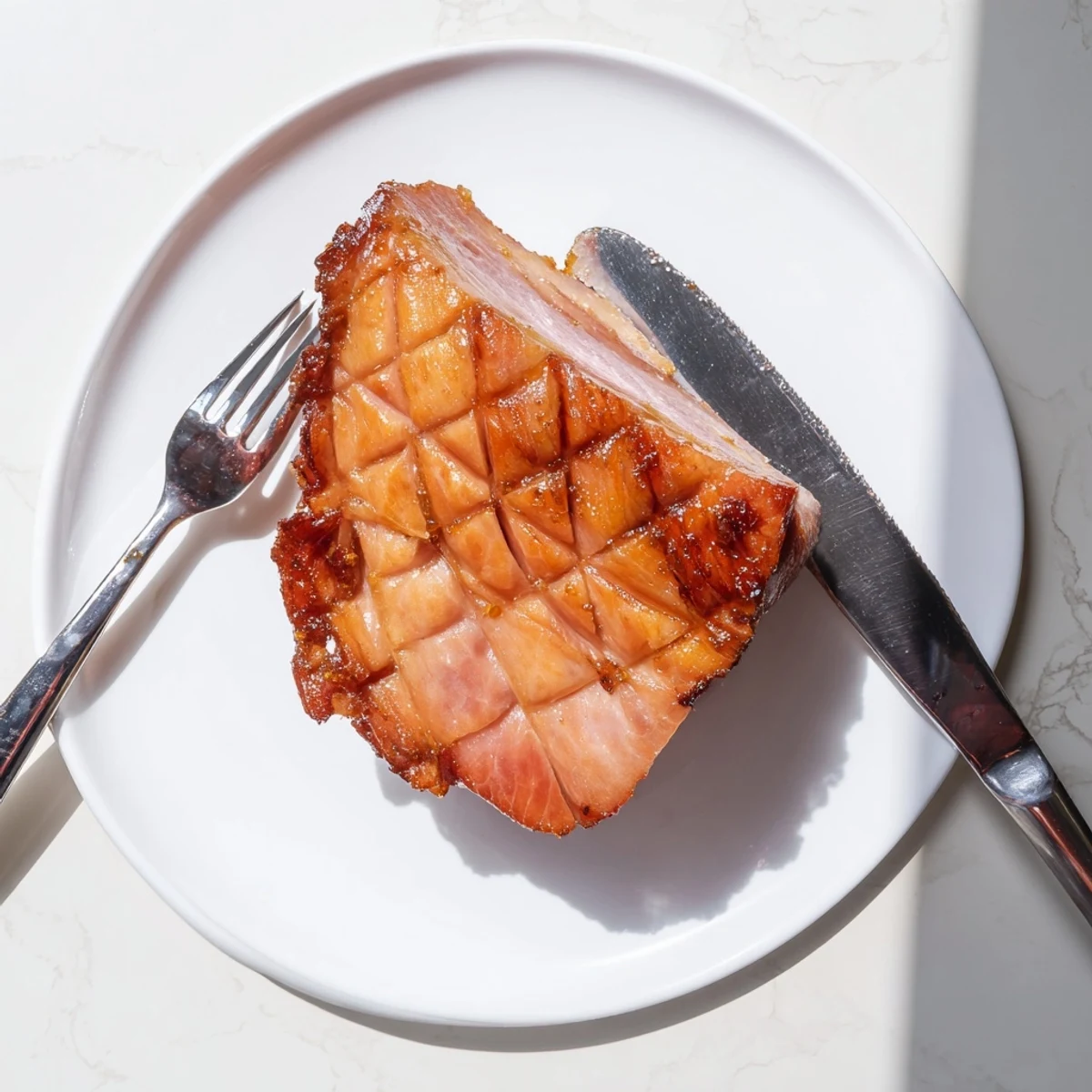 A rustic wooden table setting showcases the entire Brown Sugar Mustard Glazed Ham, basted and ready for a holiday feast.