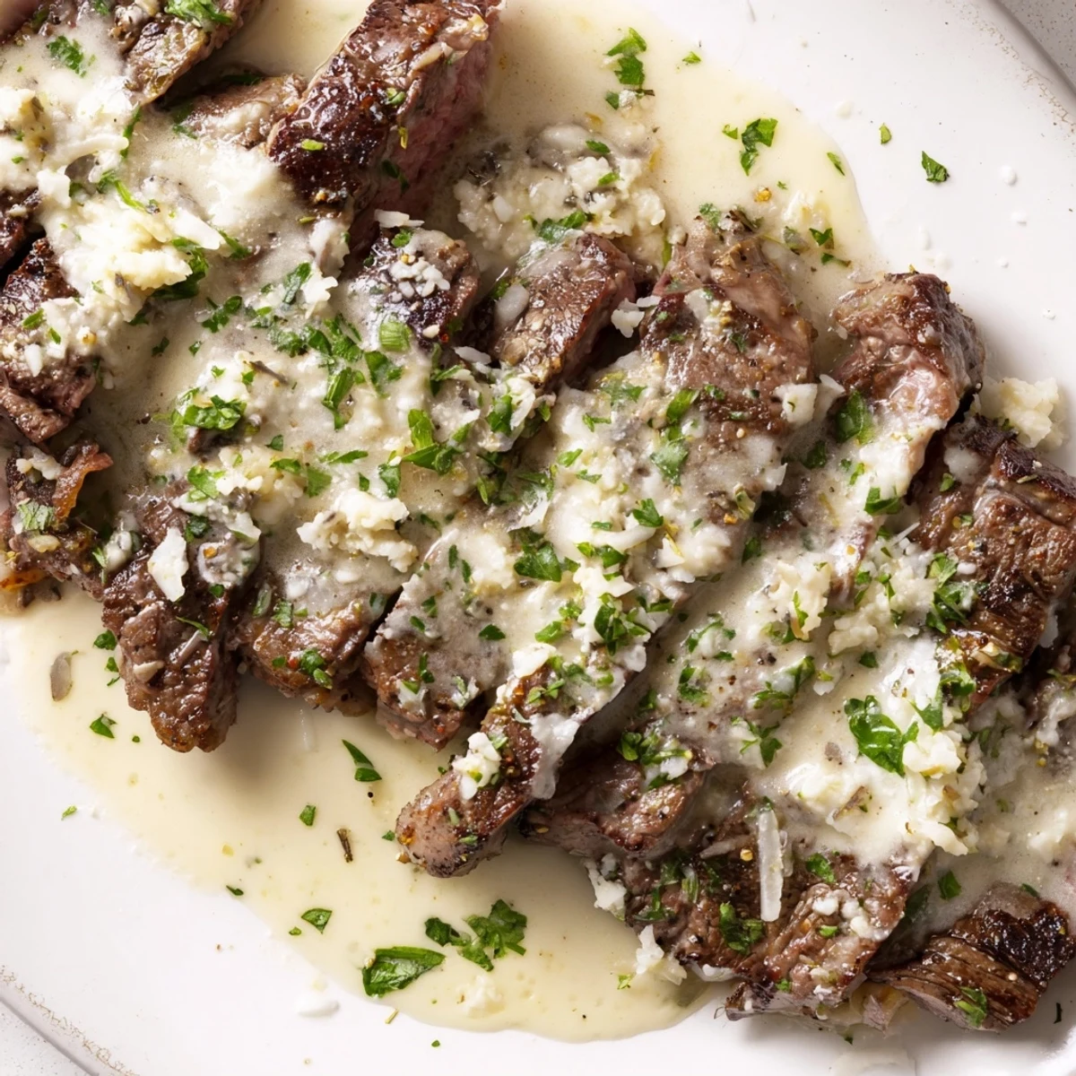 A perfectly seared ribeye steak sits in a cast-iron skillet, generously coated in a creamy, pale golden garlic sauce and topped with fresh green parsley.