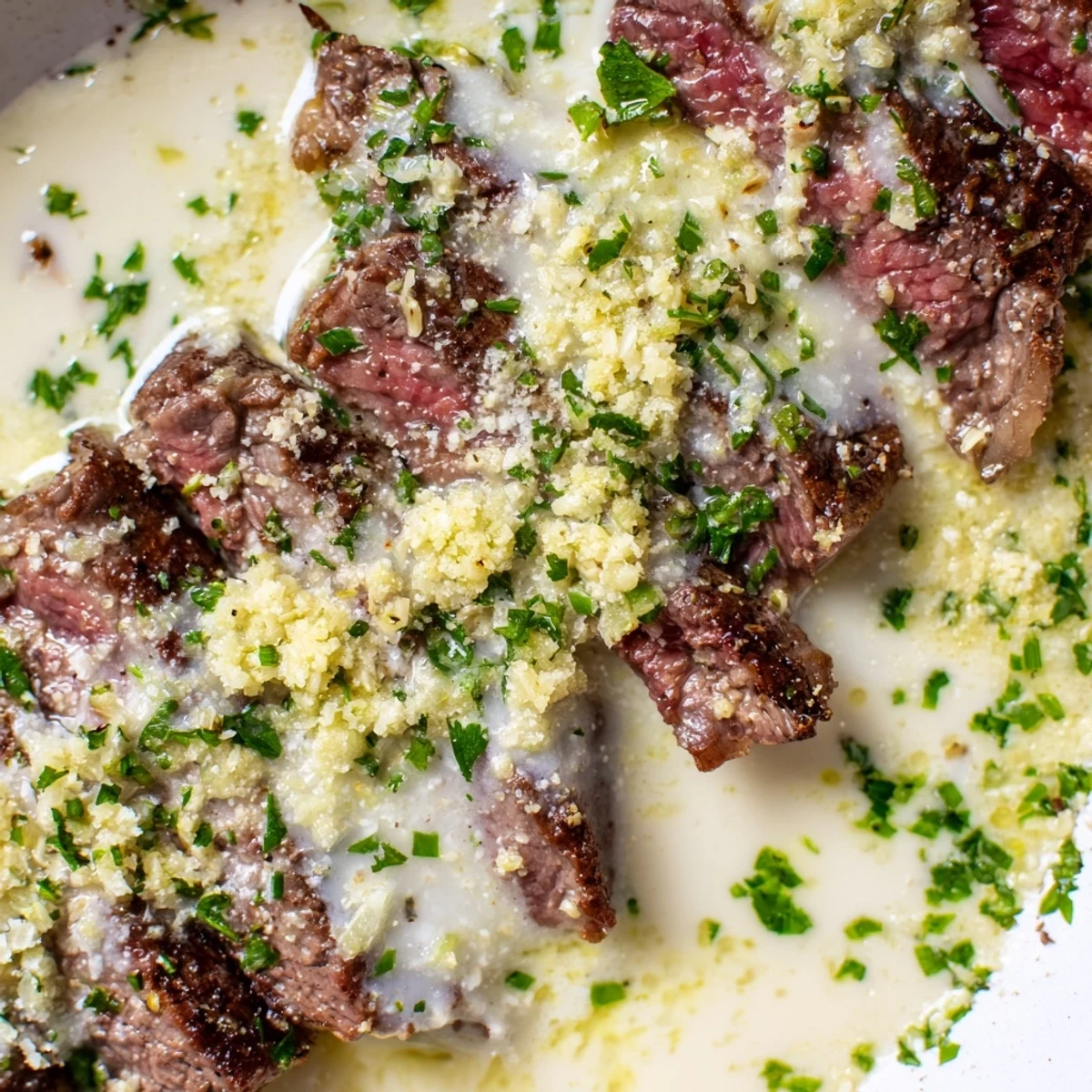 Sliced Juicy Steak With Creamy Garlic Sauce is served on a white plate, drizzled with rich sauce, alongside roasted potatoes and steamed asparagus.