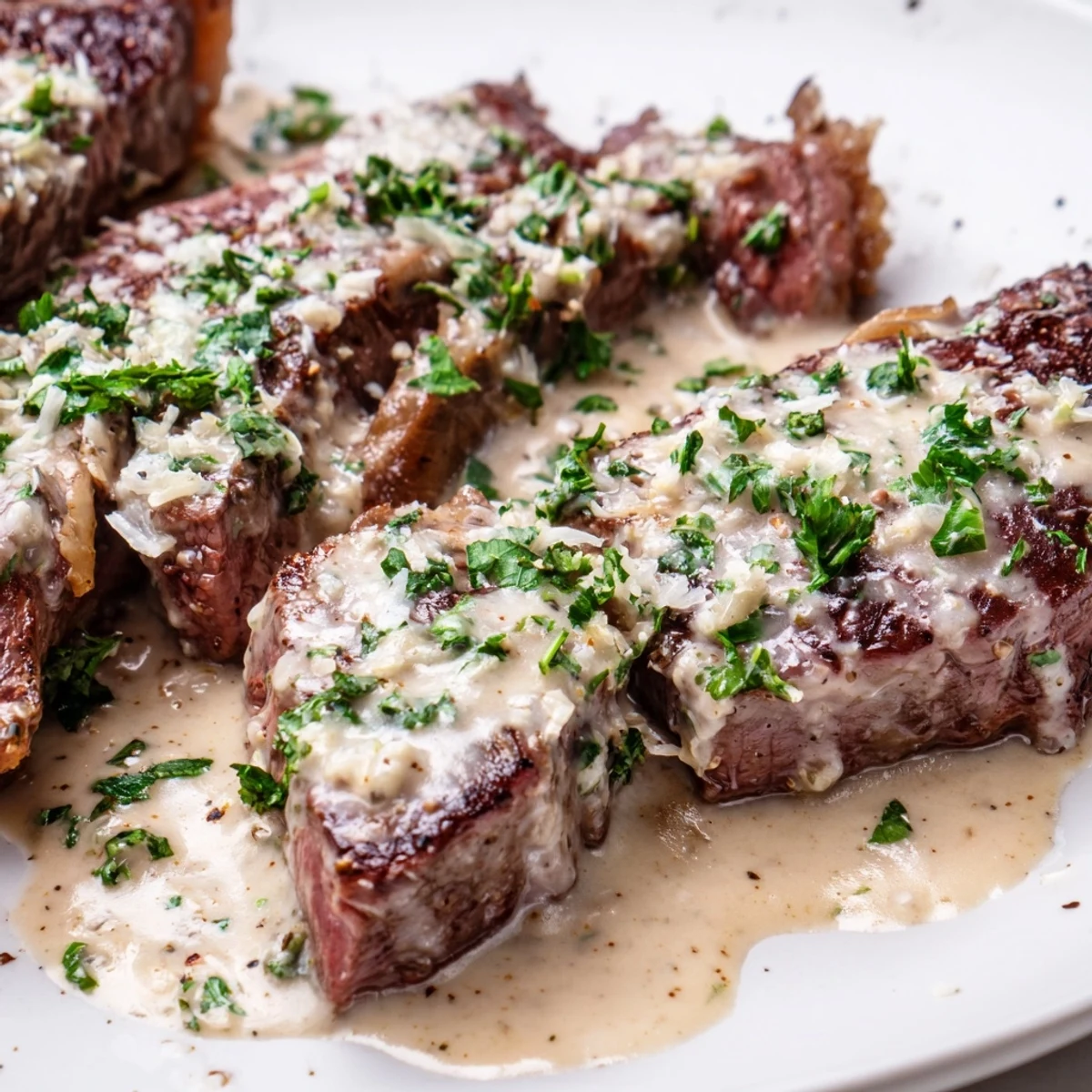 Freshly cooked Juicy Steak With Creamy Garlic Sauce shows juicy pink meat, a velvety sauce with visible garlic bits, and a garnish of chopped parsley.