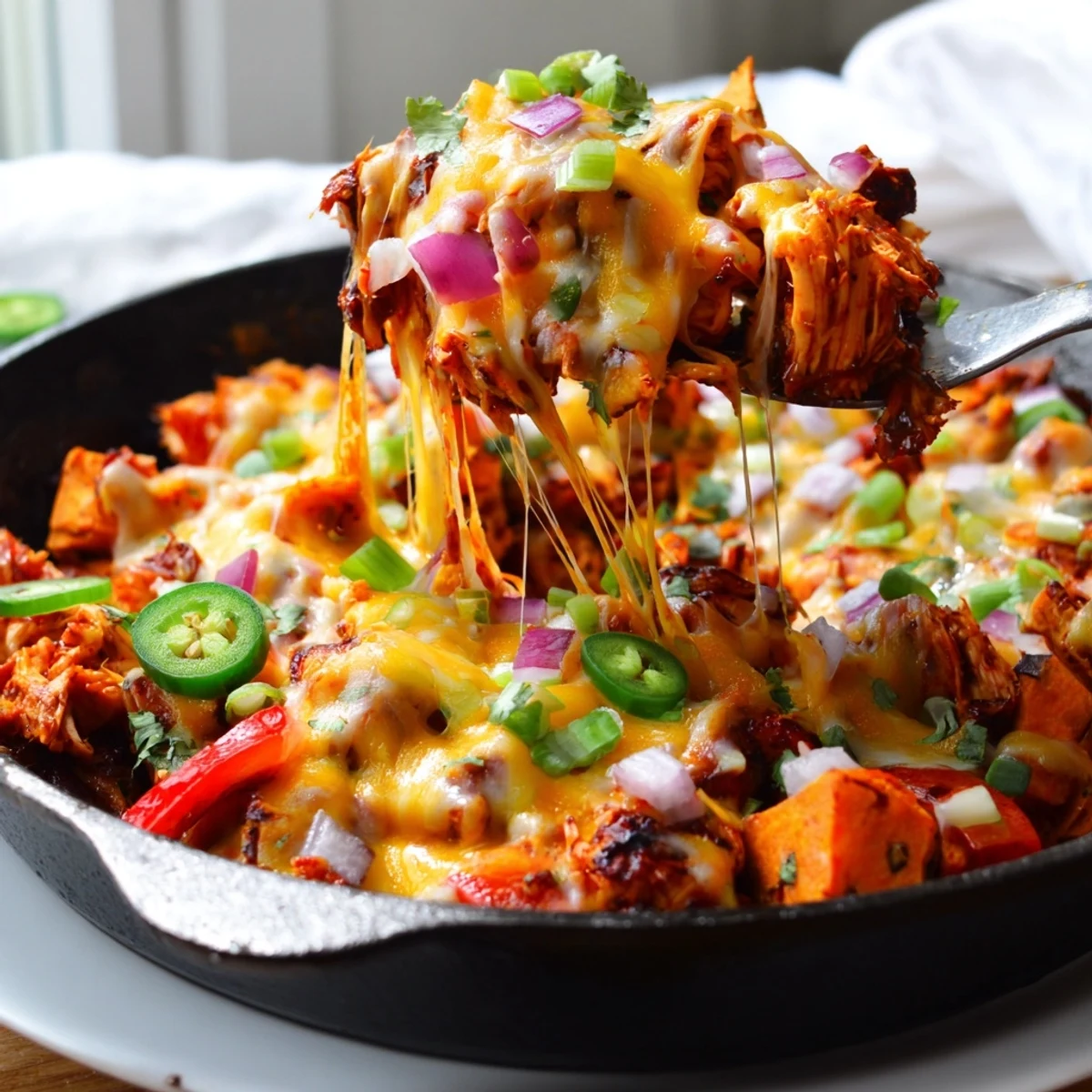 Golden melted cheddar and mozzarella blanket smoky BBQ chicken nestled among tender, caramelized sweet potatoes in this comforting skillet dish.