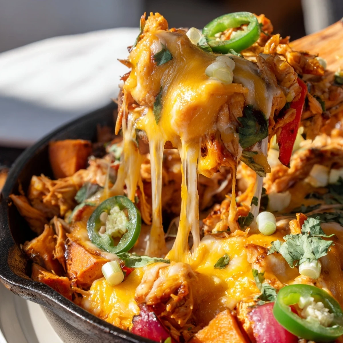 Cheerful green onions and jalapeños garnish the hearty Sweet Potato Skillet with BBQ Chicken & Cheese, served straight from the pan.