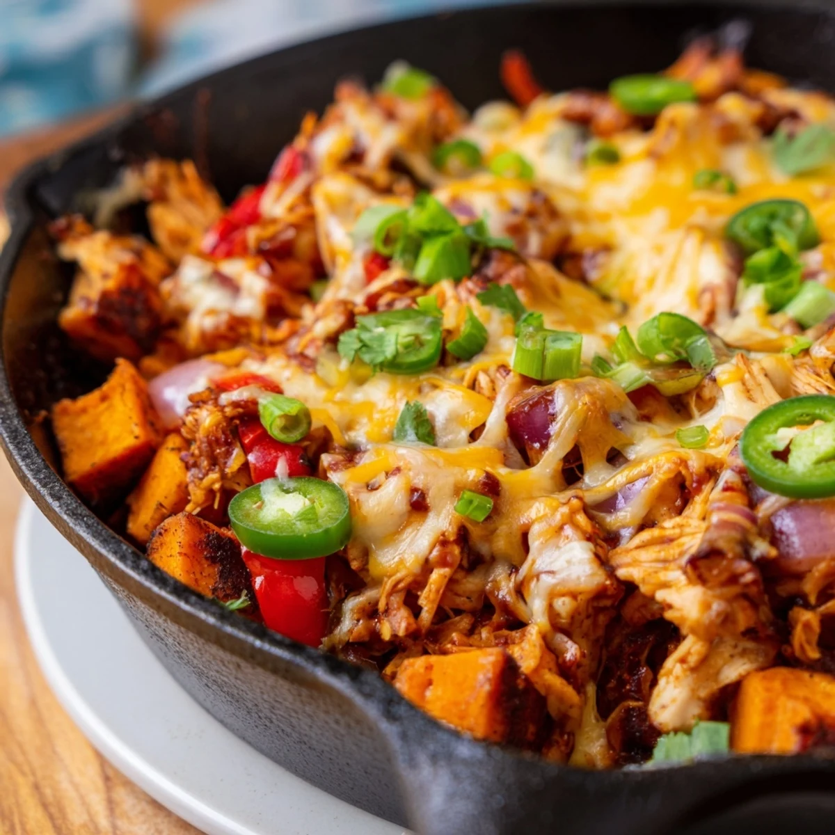 Rich BBQ sauce coats juicy shredded chicken over diced sweet potatoes, with cheese bubbling under the broiler for a perfect finish.