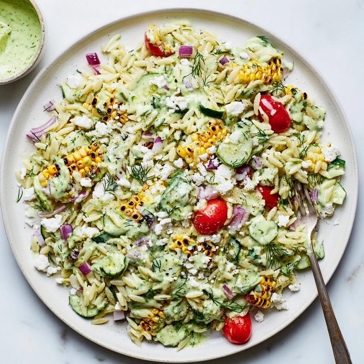 Platter of Grilled Corn Orzo Salad with Scallion Dill Dressing featuring smoky charred kernels, cherry tomatoes, cucumber, and a creamy green dressing.