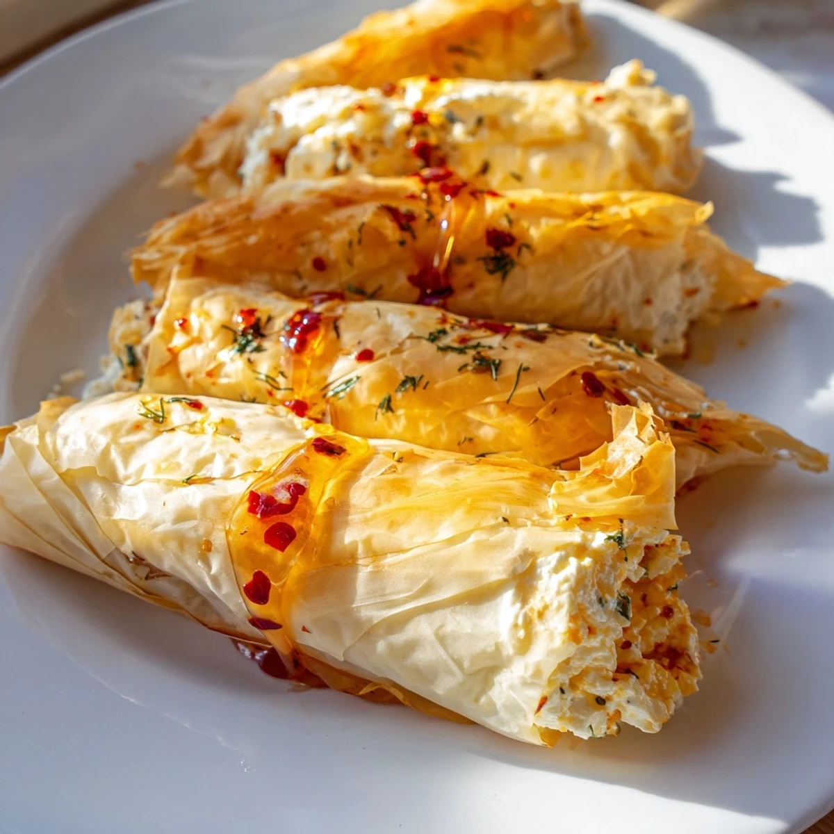 Golden-baked phyllo rolls filled with creamy feta and herbs, drizzled with spicy chili honey, served on a rustic wooden board for a Mediterranean appetizer.