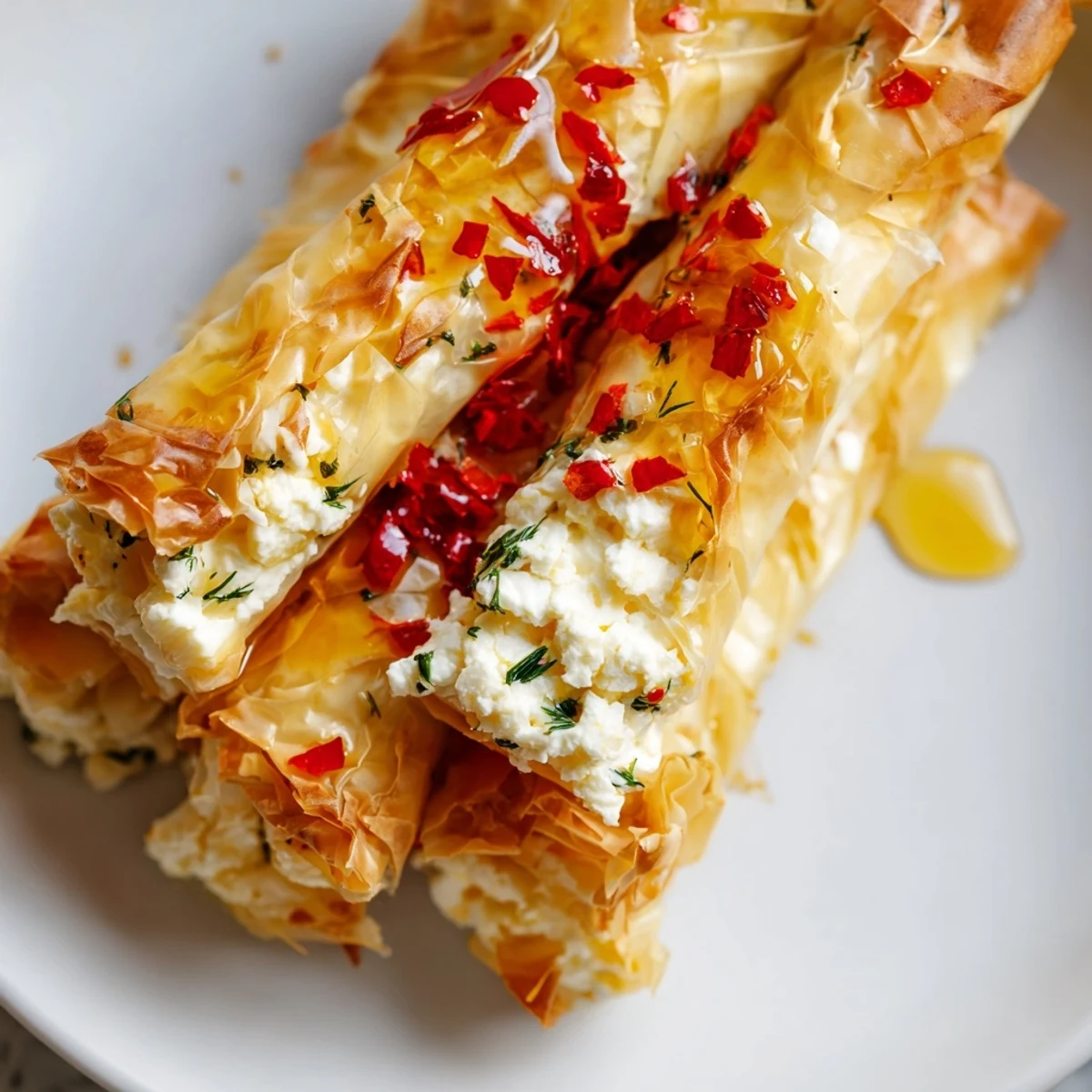 Freshly baked feta rolls with golden crusts sit beside a small dish of chili honey, garnished with dill and parsley, ready to serve warm.