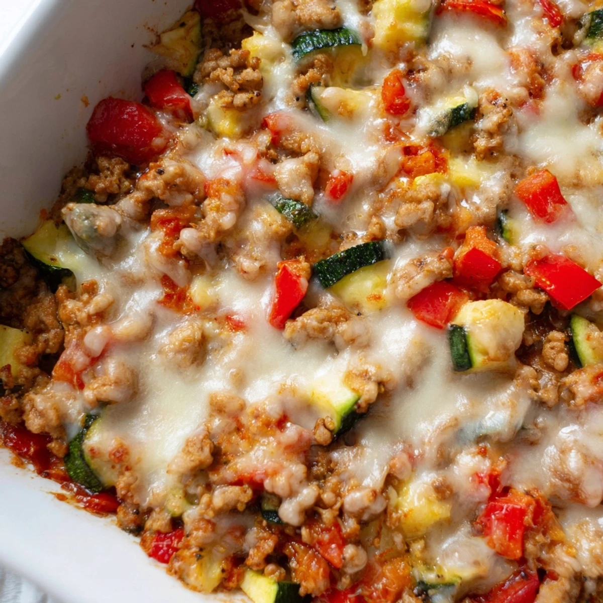 Freshly baked Easy Ground Turkey Zucchini Casserole shows golden cheese topping over vibrant zucchini and red bell peppers.