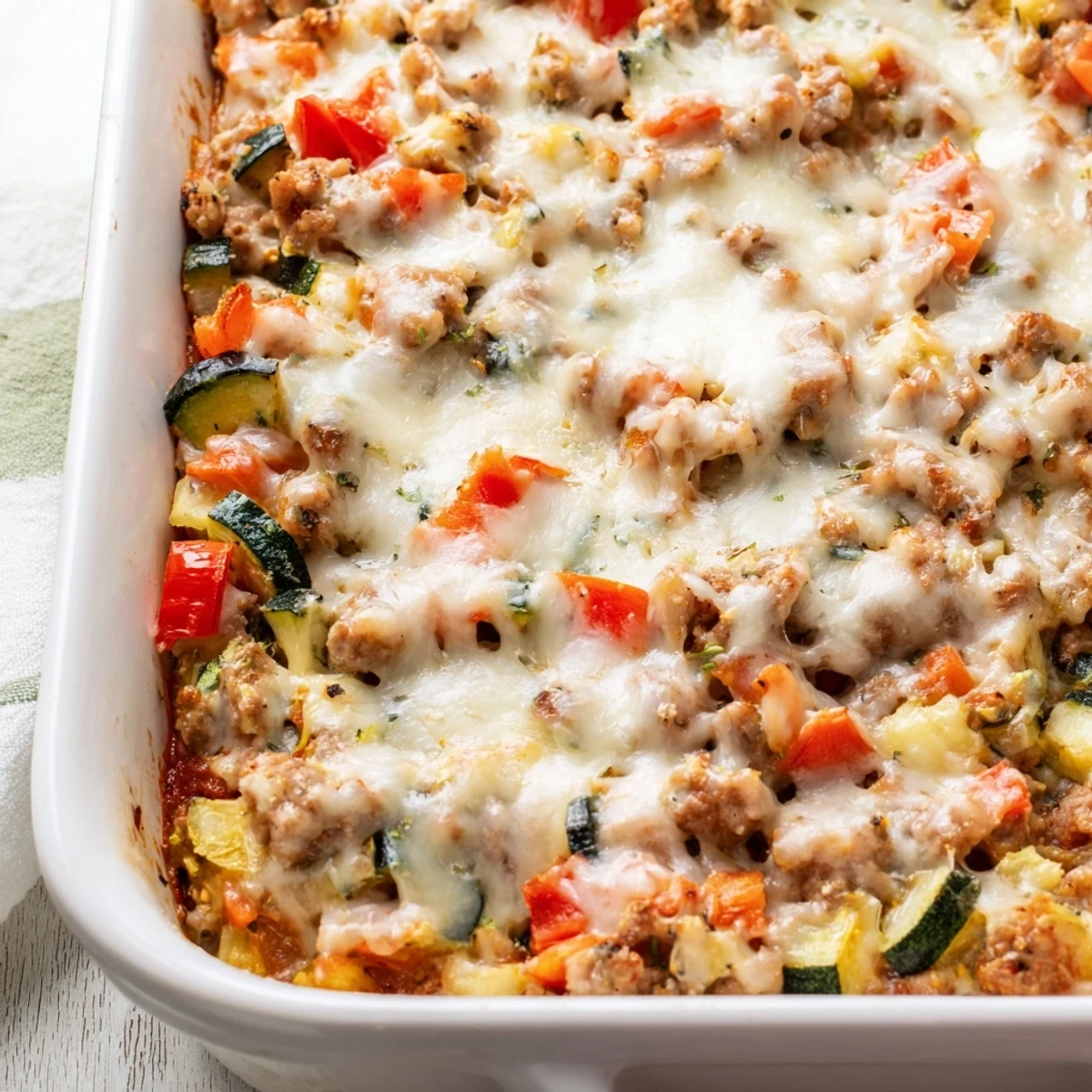 The Easy Ground Turkey Zucchini Casserole bubbles with melted mozzarella and golden Parmesan in a baking dish.