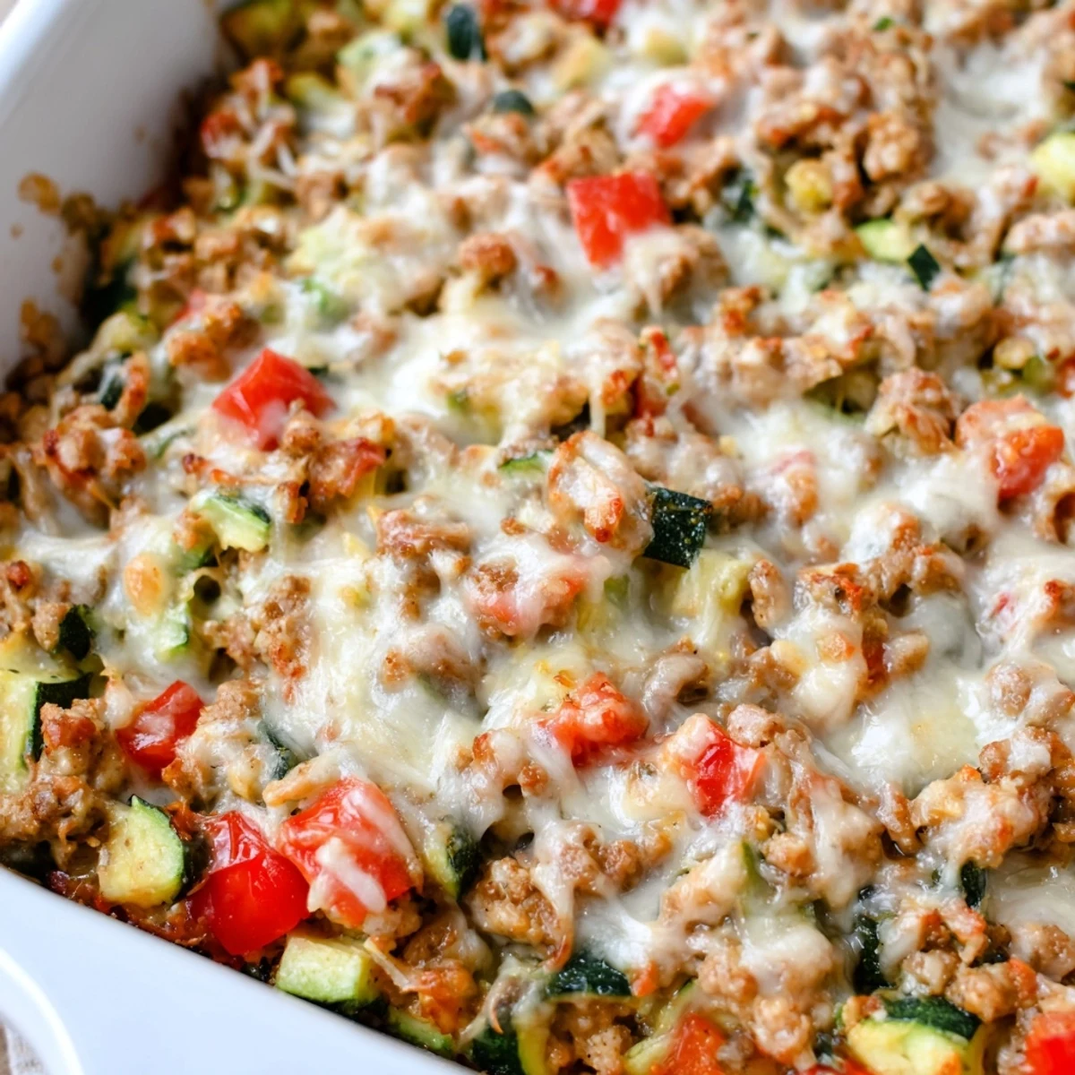 A close-up of Easy Ground Turkey Zucchini Casserole reveals a hearty scoop lifted onto a serving plate.