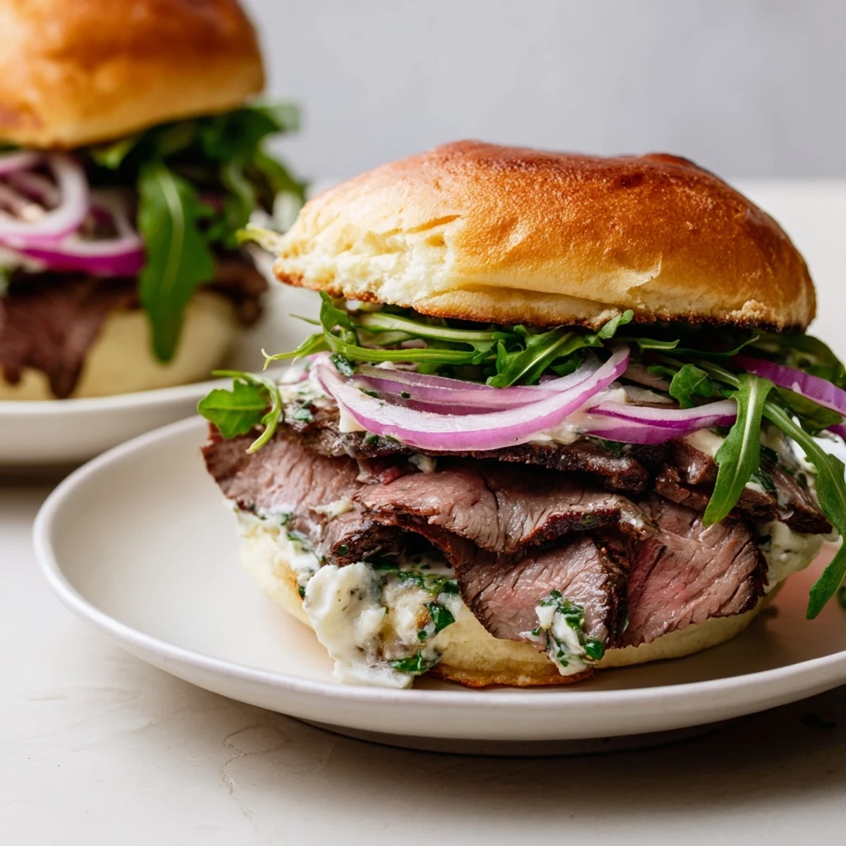 Juicy steak slices layered on soft slider buns with fresh arugula and red onion for Cowboy Butter Steak Sliders.