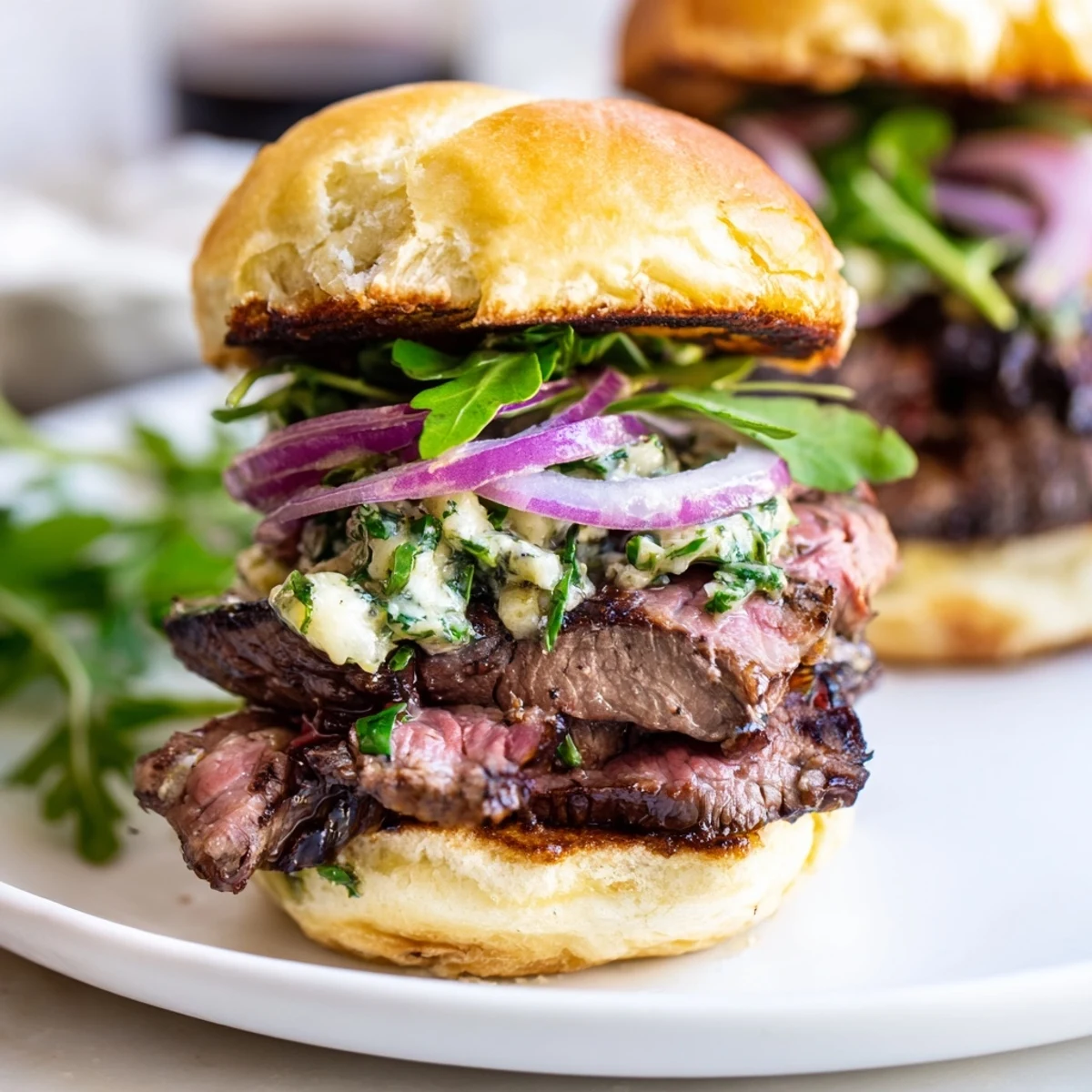 Warm Cowboy Butter Steak Sliders feature seared ribeye topped with herb-flecked butter and toasted buns on a platter.
