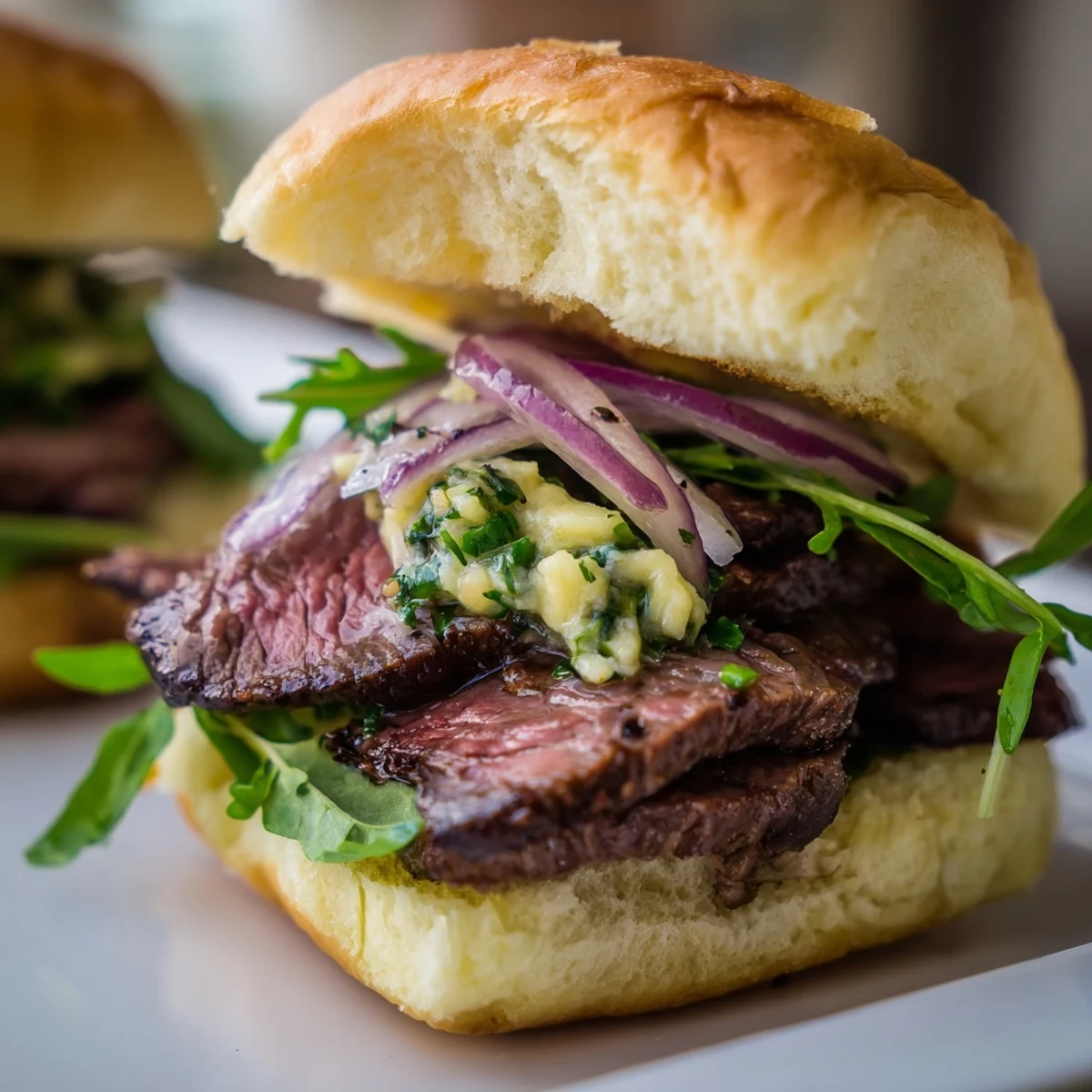 Sizzling Cowboy Butter Steak Sliders served on a plate with zesty butter melting over thin slices of steak.