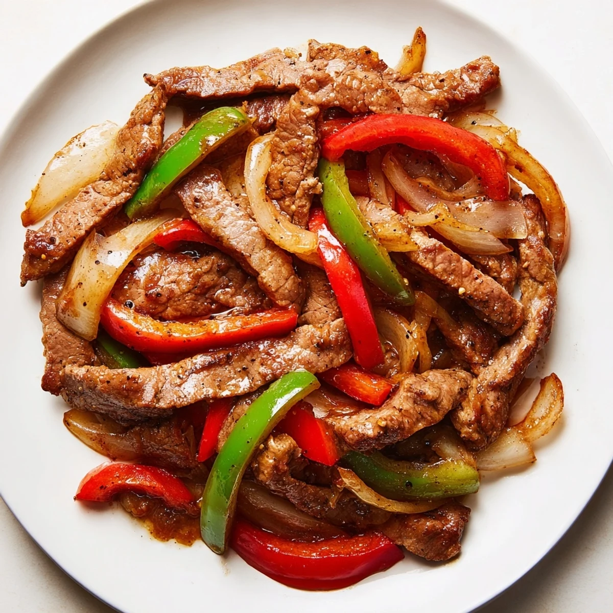 Steaming Sizzling Chinese Pepper Steak With Onions sizzles in a wok with colorful peppers and onions.