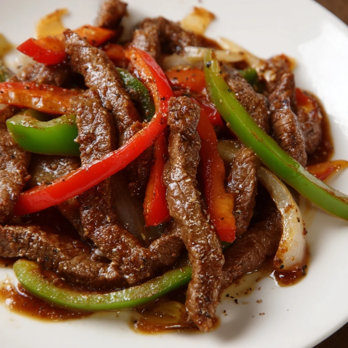 Sizzling Chinese Pepper Steak With Onions is served hot over fluffy white rice for dinner.