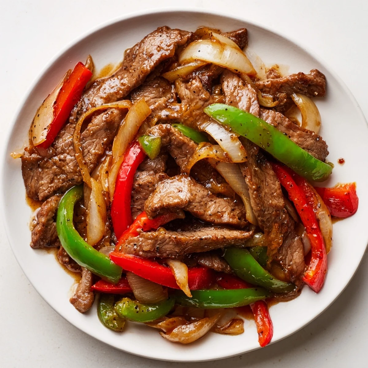 A close-up of Sizzling Chinese Pepper Steak With Onions highlights glossy sauce and tender beef strips.