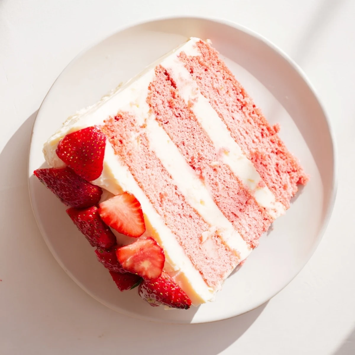 A close-up of the Strawberry Velvet Cake, highlighting its soft pink crumb and luscious cream cheese frosting with fresh strawberry slices on top.